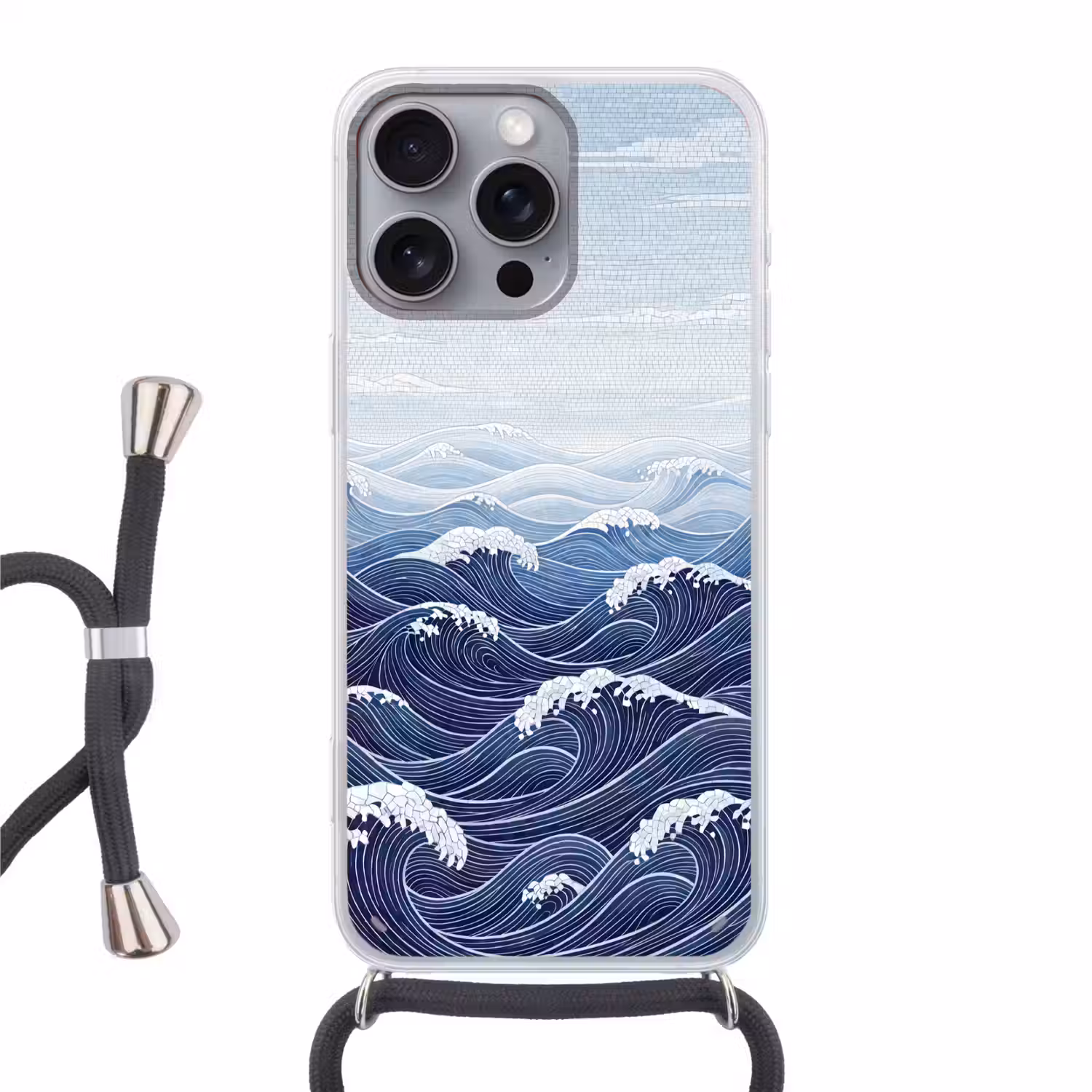 Water - Mozaïek - Landschap - Modern - Blauw Hoesje iPhone 16 Pro Max met koord klein -3d