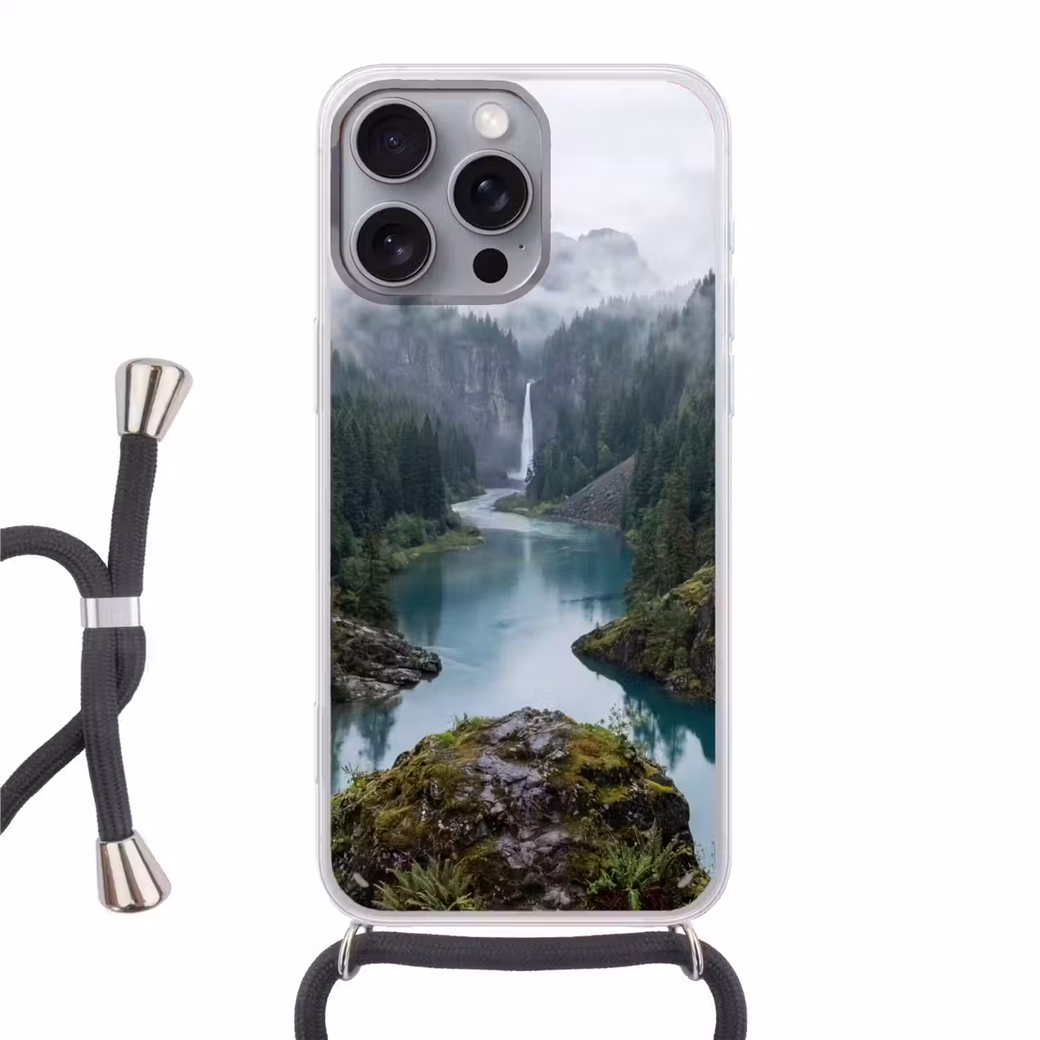 Waterval - Bomen - Bergen Hoesje iPhone 16 Pro Max met koord klein -3d