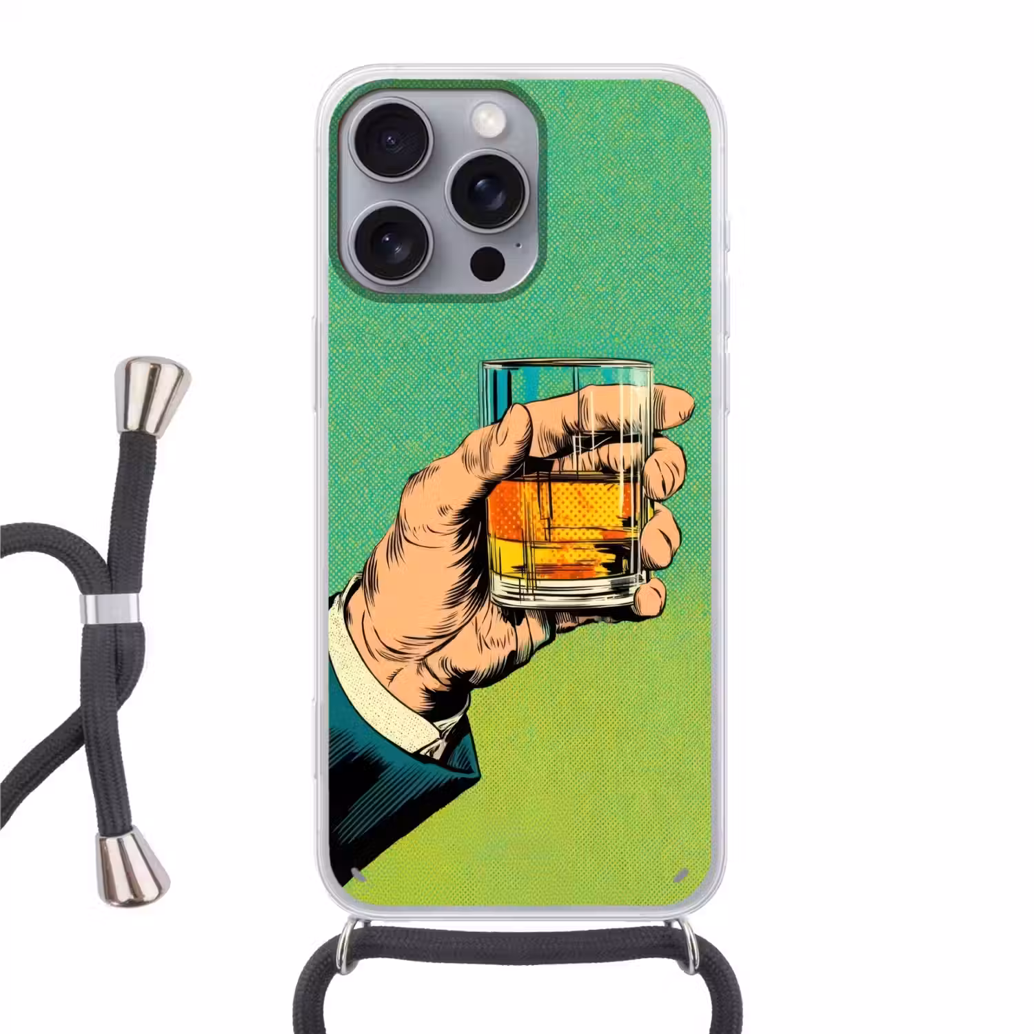 Whisky - Glas - Hand - Groen Hoesje iPhone 16 Pro Max met koord klein -3d