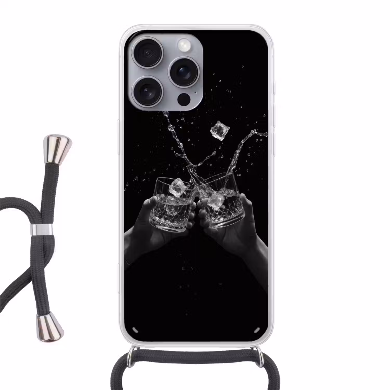 Whickyglazen - Ijs - Spetters - Zwart Hoesje iPhone 16 Pro Max met koord klein -3d