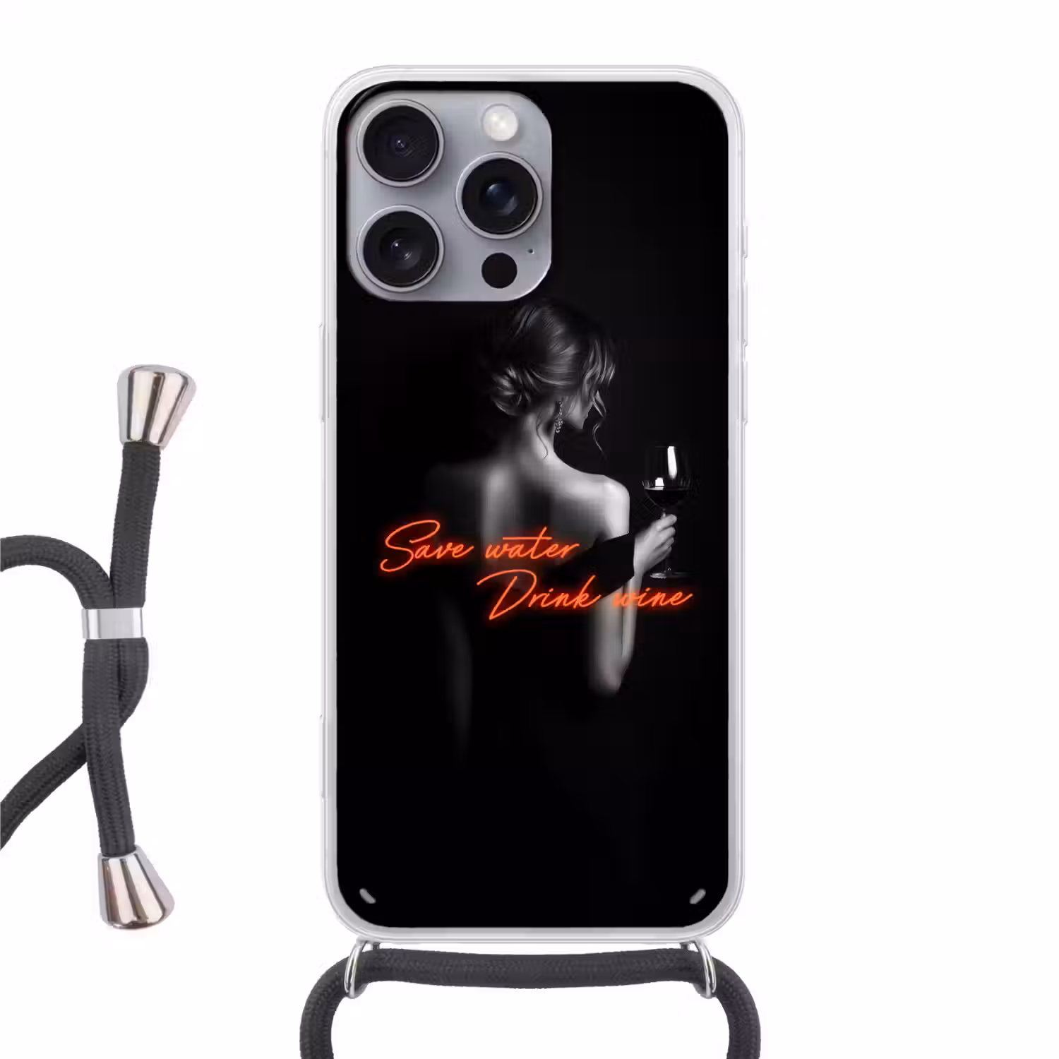 Wijn - Vrouw - Neon - Quote Hoesje iPhone 16 Pro Max met koord klein -3d