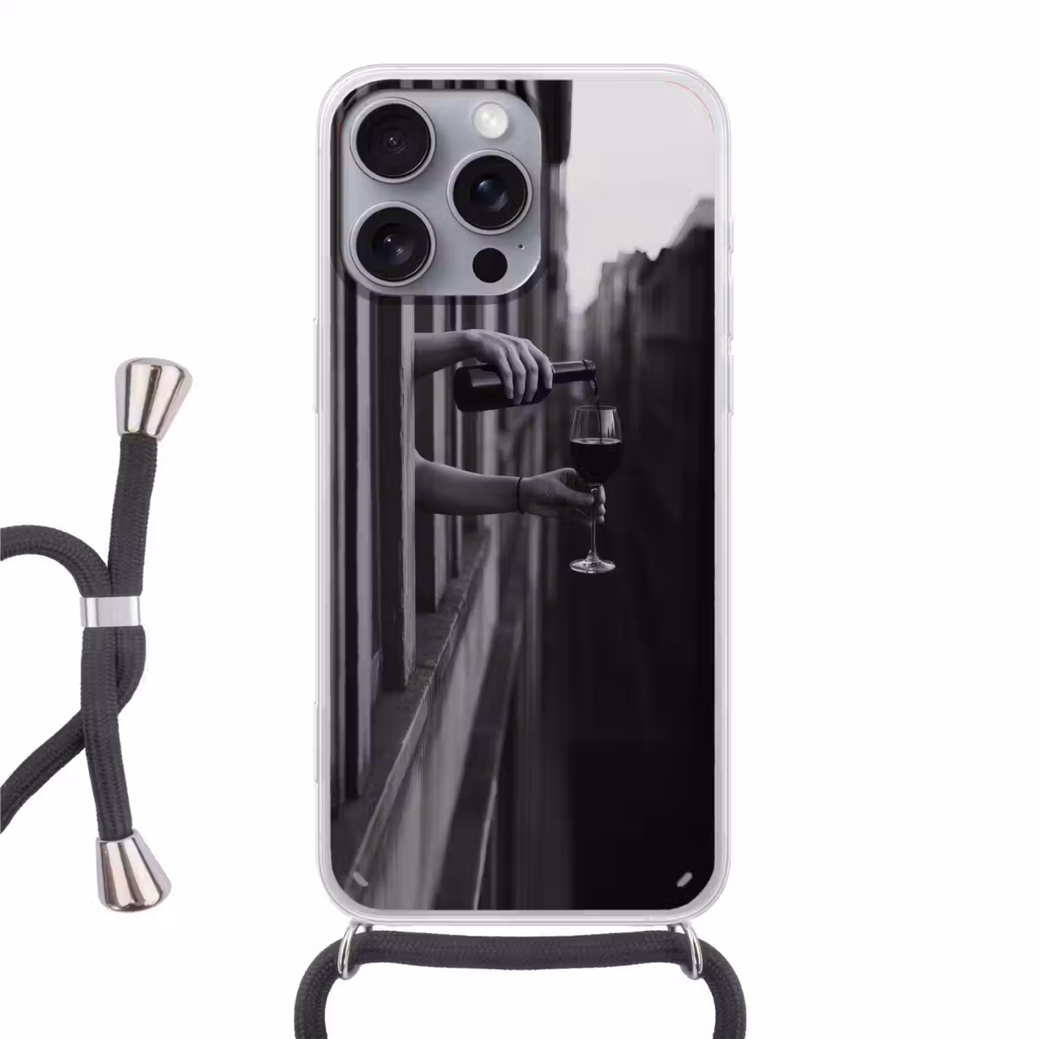 Wijnfles - Glas - Handen - Raam Hoesje iPhone 16 Pro Max met koord klein -3d