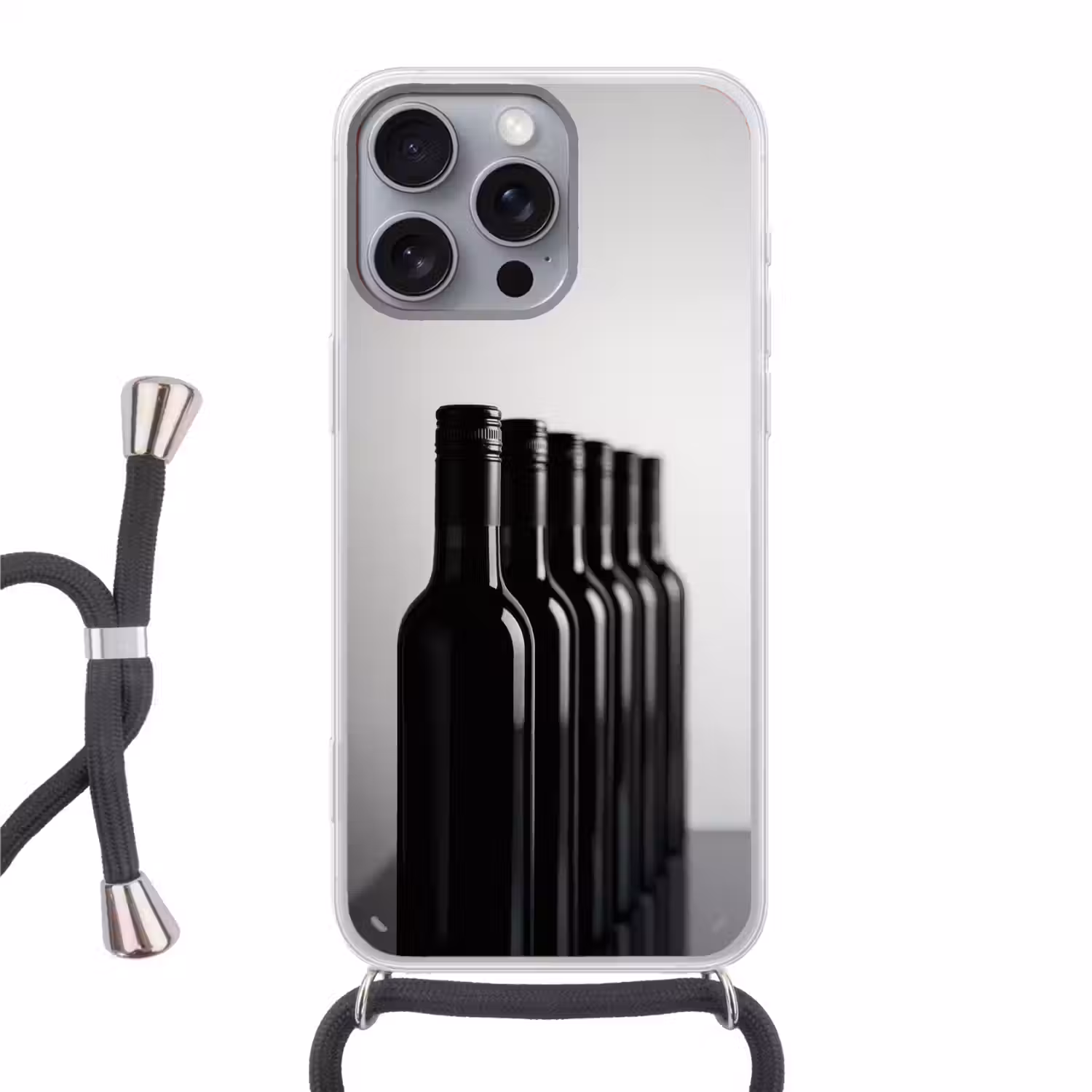 Wijnflessen - Zwart - Minimalistisch Hoesje iPhone 16 Pro Max met koord klein -3d