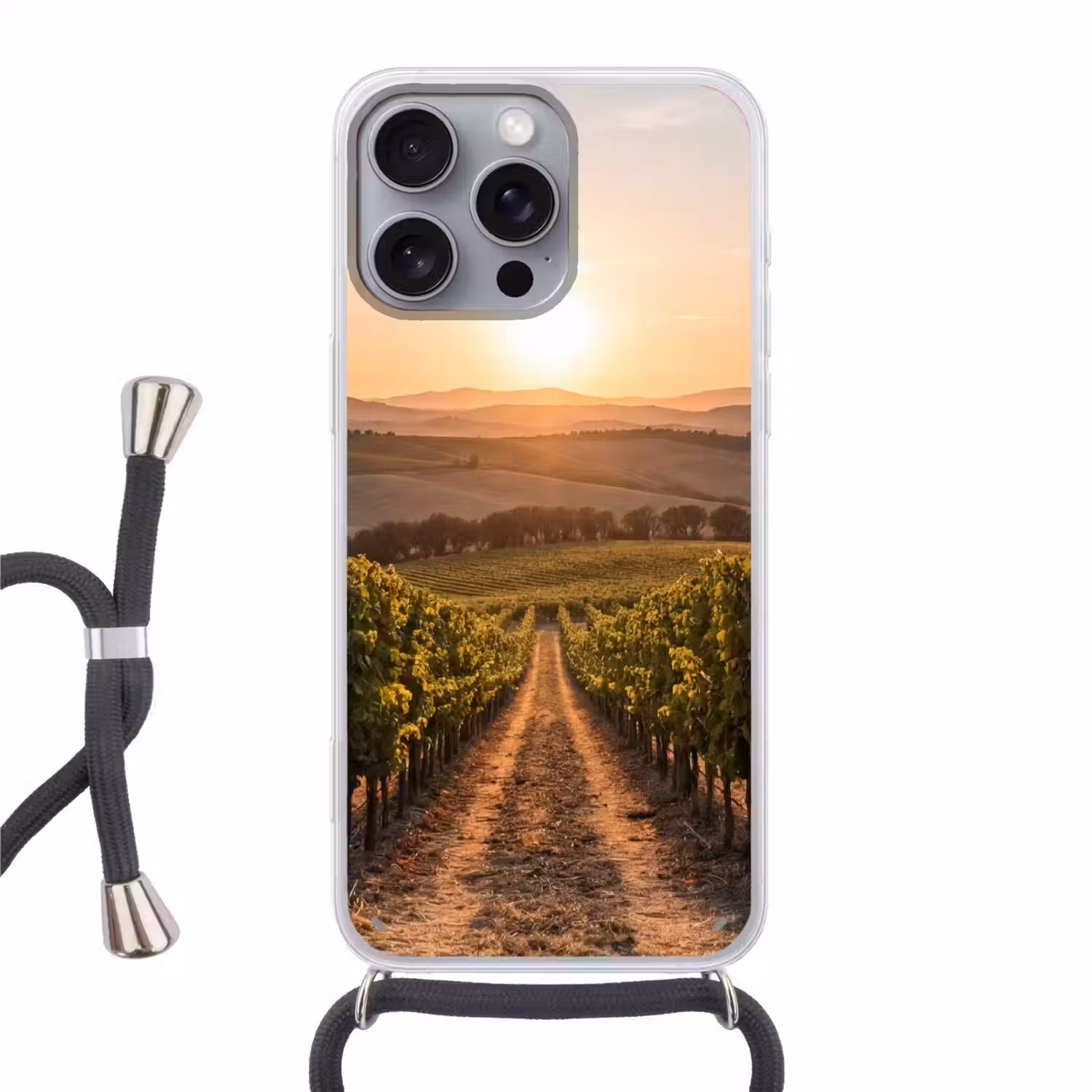 Wijngaard - Zonsondergang - Landschap Hoesje iPhone 16 Pro Max met koord klein -3d