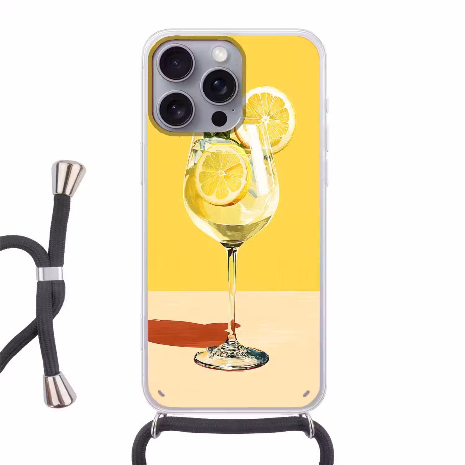 Wijnglas - Citroen - Geel - Minimalistisch Hoesje iPhone 16 Pro Max met koord klein -3d