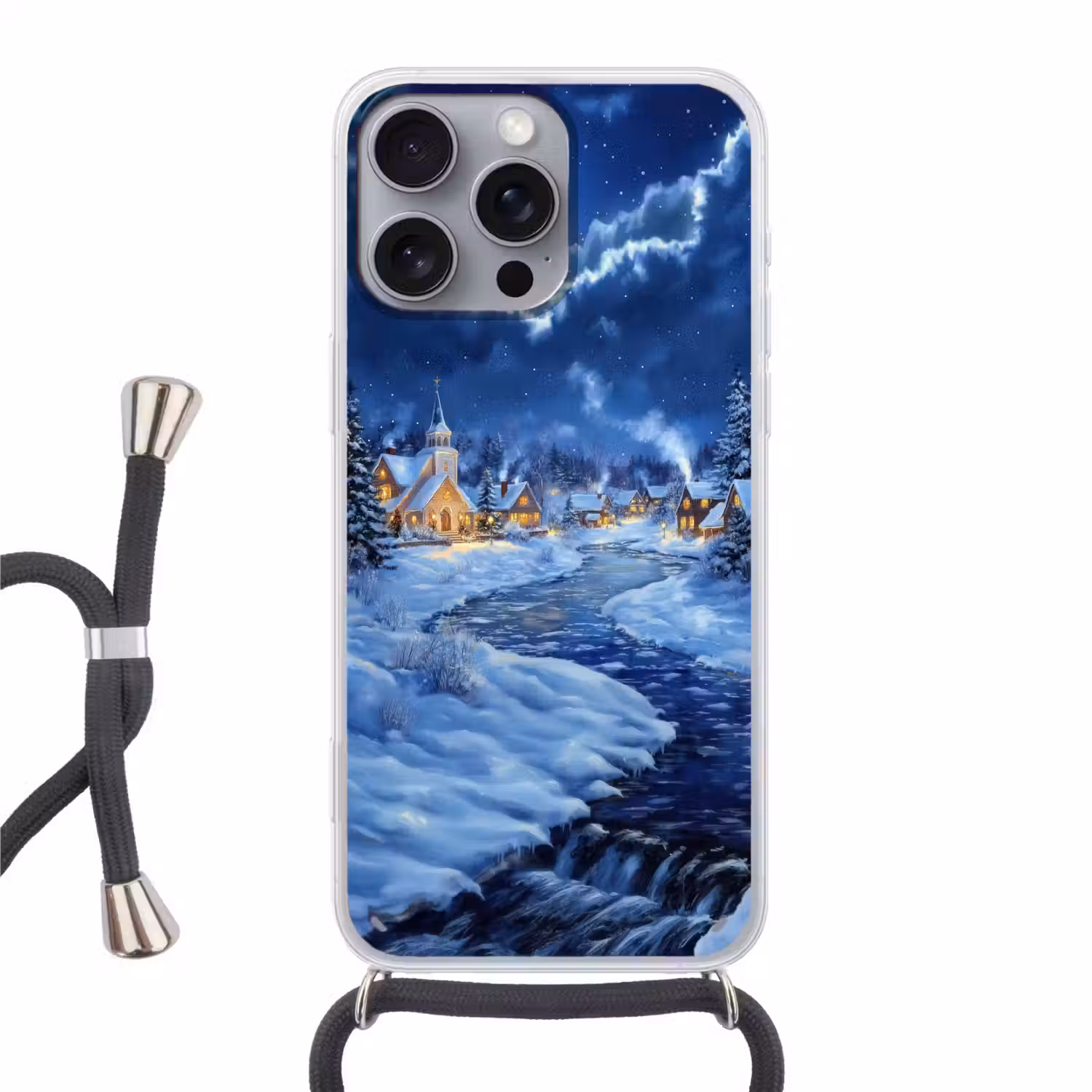 Winteravond - Kerstdorp - Donker Hoesje iPhone 16 Pro Max met koord klein -3d
