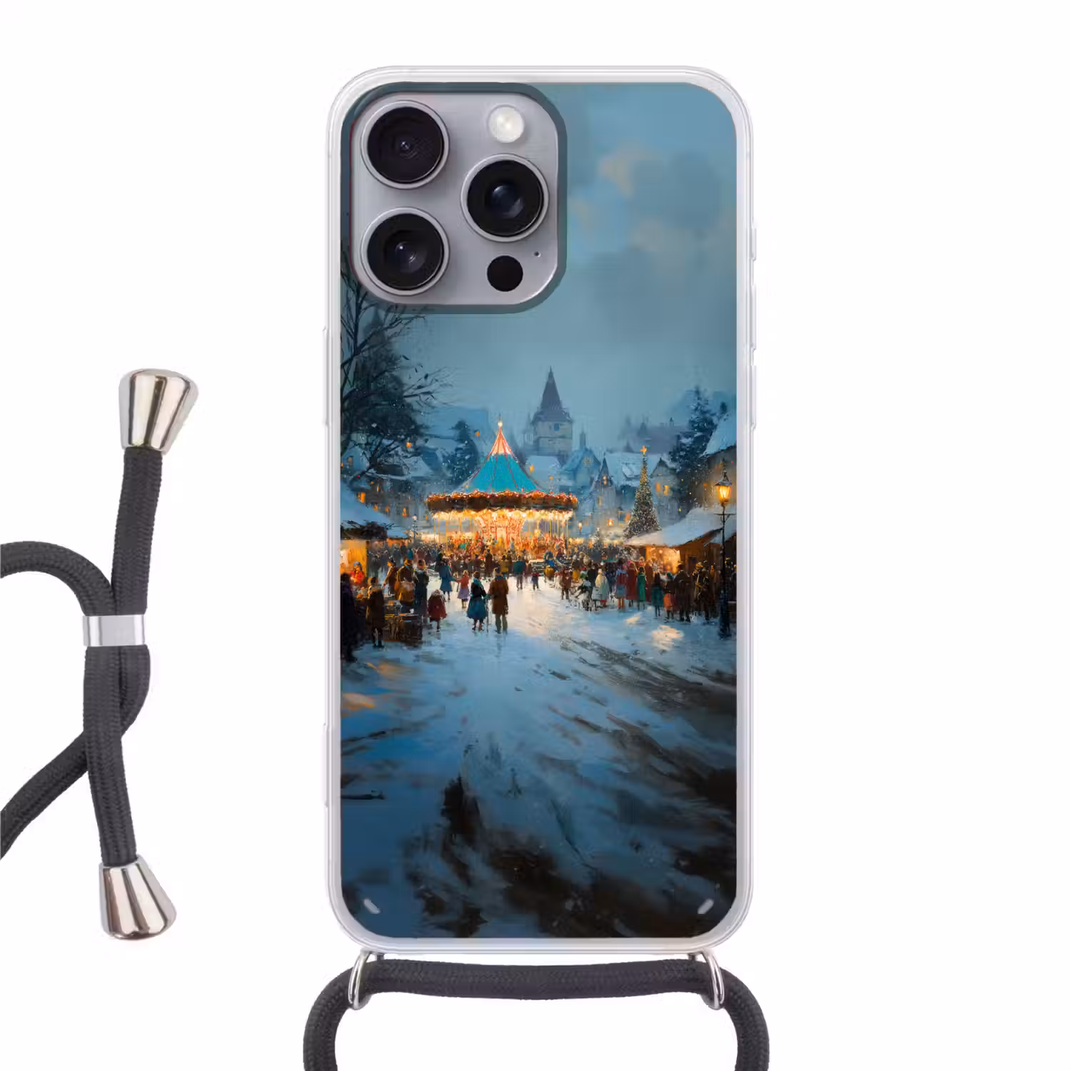 Winterkermis - Dorp - Kleurrijk Hoesje iPhone 16 Pro Max met koord klein -3d