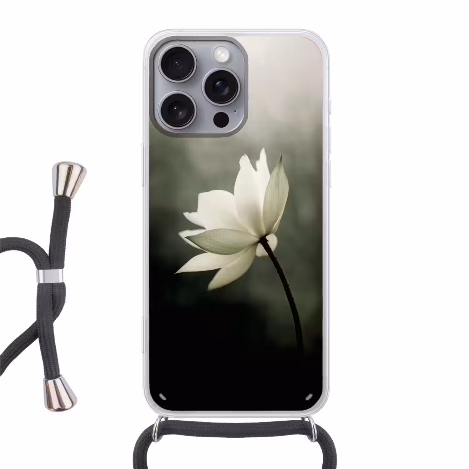 Wit - Lotus - Donker - Bloem Hoesje iPhone 16 Pro Max met koord klein -3d