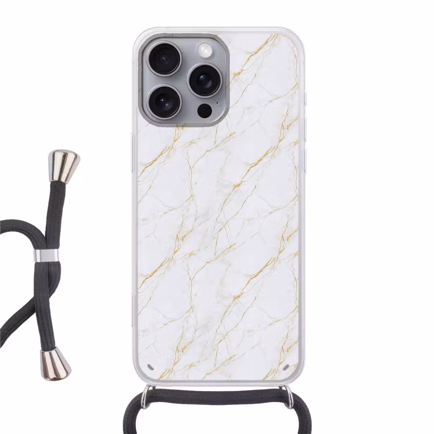 Wit - Marmer - Goud - Luxueus Hoesje iPhone 16 Pro Max met koord klein 804 -3d