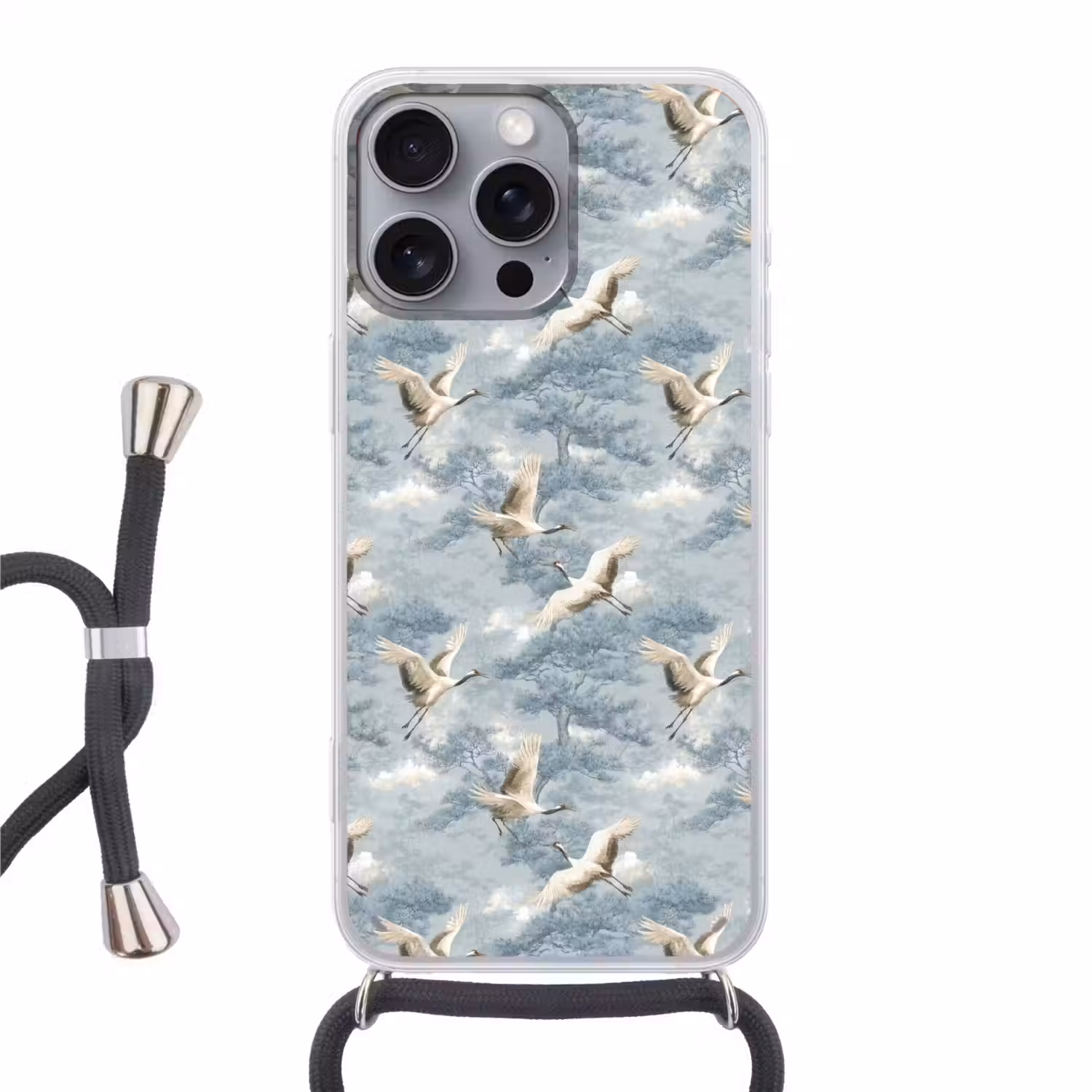 Wolken - Kraanvogels - Blauw Hoesje iPhone 16 Pro Max met koord klein 804 -3d