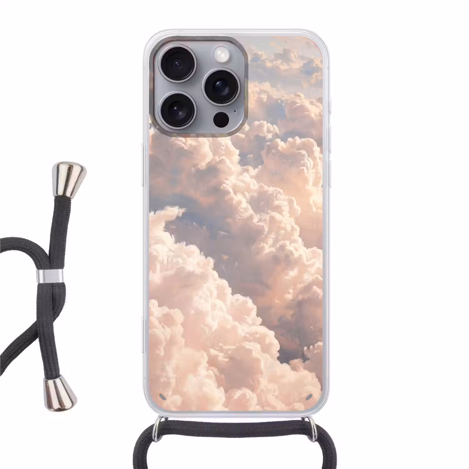 Wolken - Zonsondergang - Natuur - Pastel - Roze Hoesje iPhone 16 Pro Max met koord klein -3d