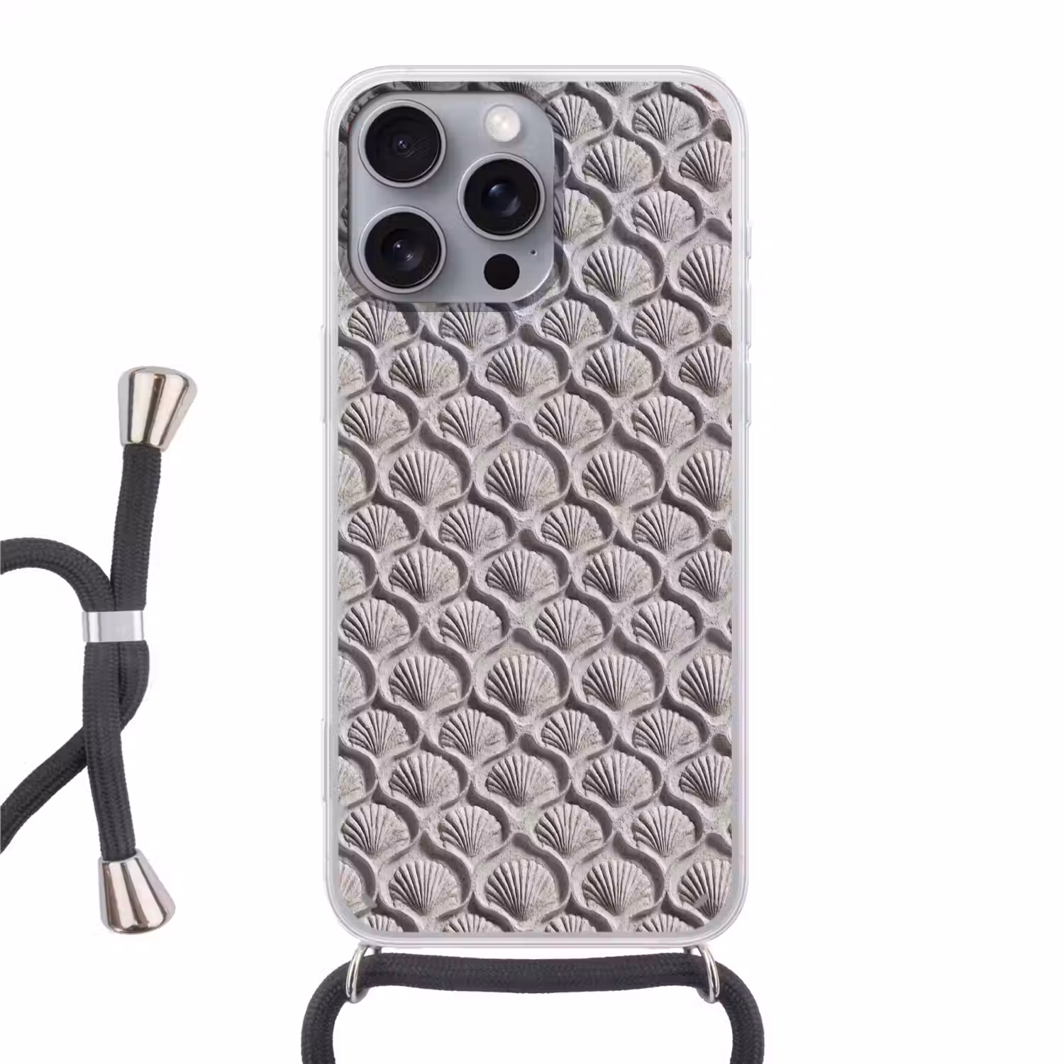 Zand - Schelpenvorm - Grijs Hoesje iPhone 16 Pro Max met koord klein 804 -3d