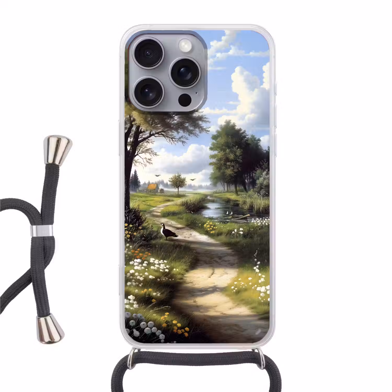 Zandpad - Groen landschap - Water Hoesje iPhone 16 Pro Max met koord klein -3d
