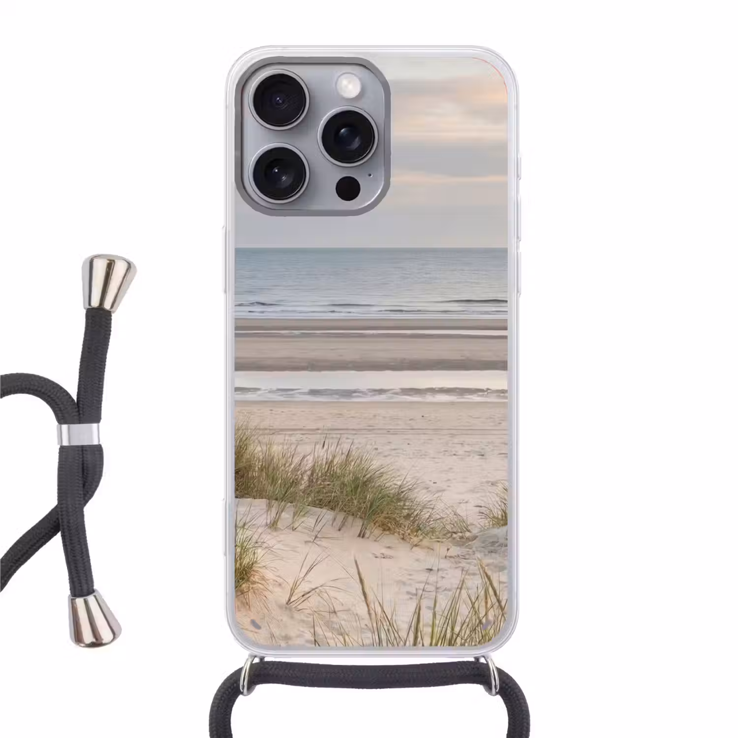 Zandstrand - Bewolkt - Duinen Hoesje iPhone 16 Pro Max met koord klein -3d