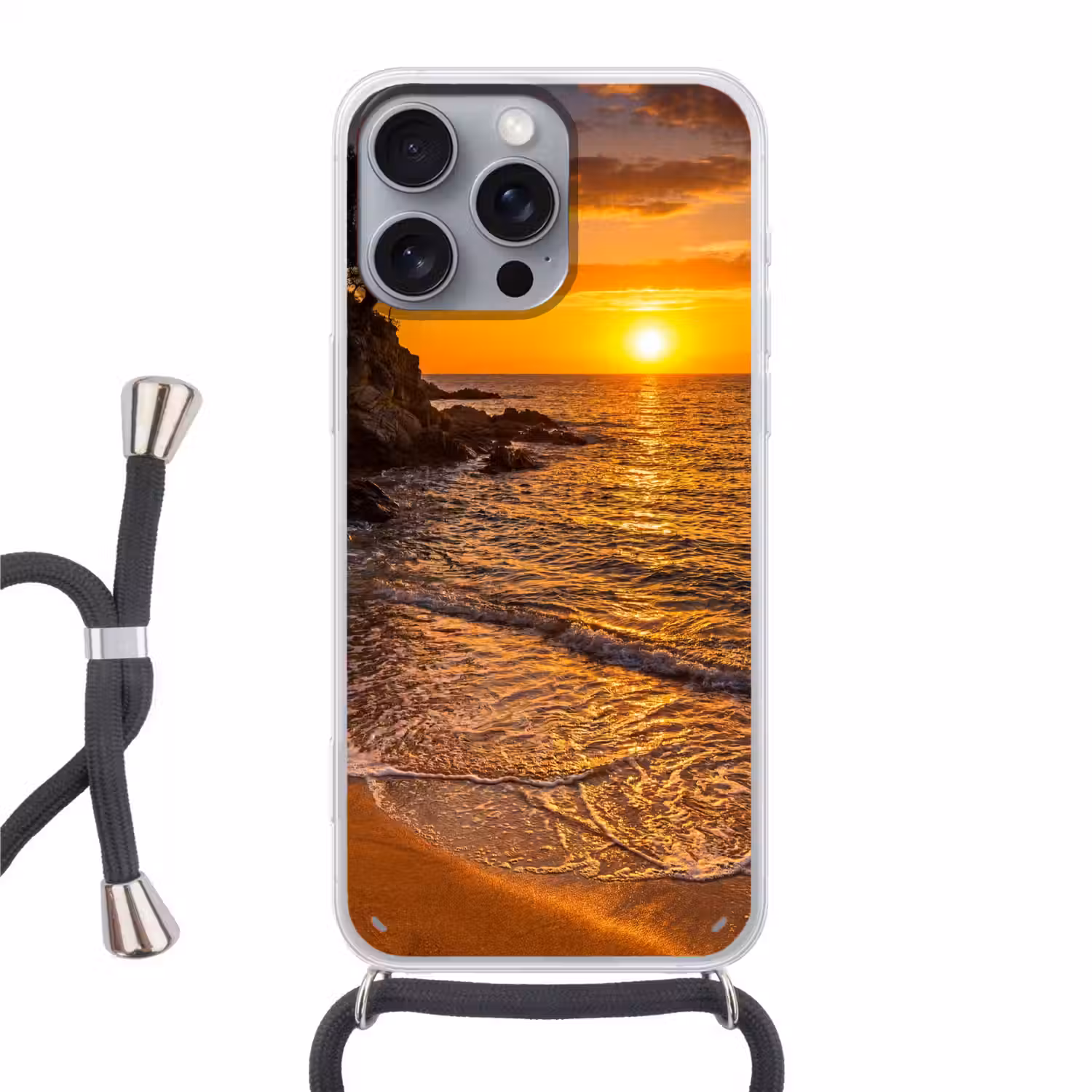 Zee - Kust - Zonsondergang - Natuur - Oranje Hoesje iPhone 16 Pro Max met koord klein -3d