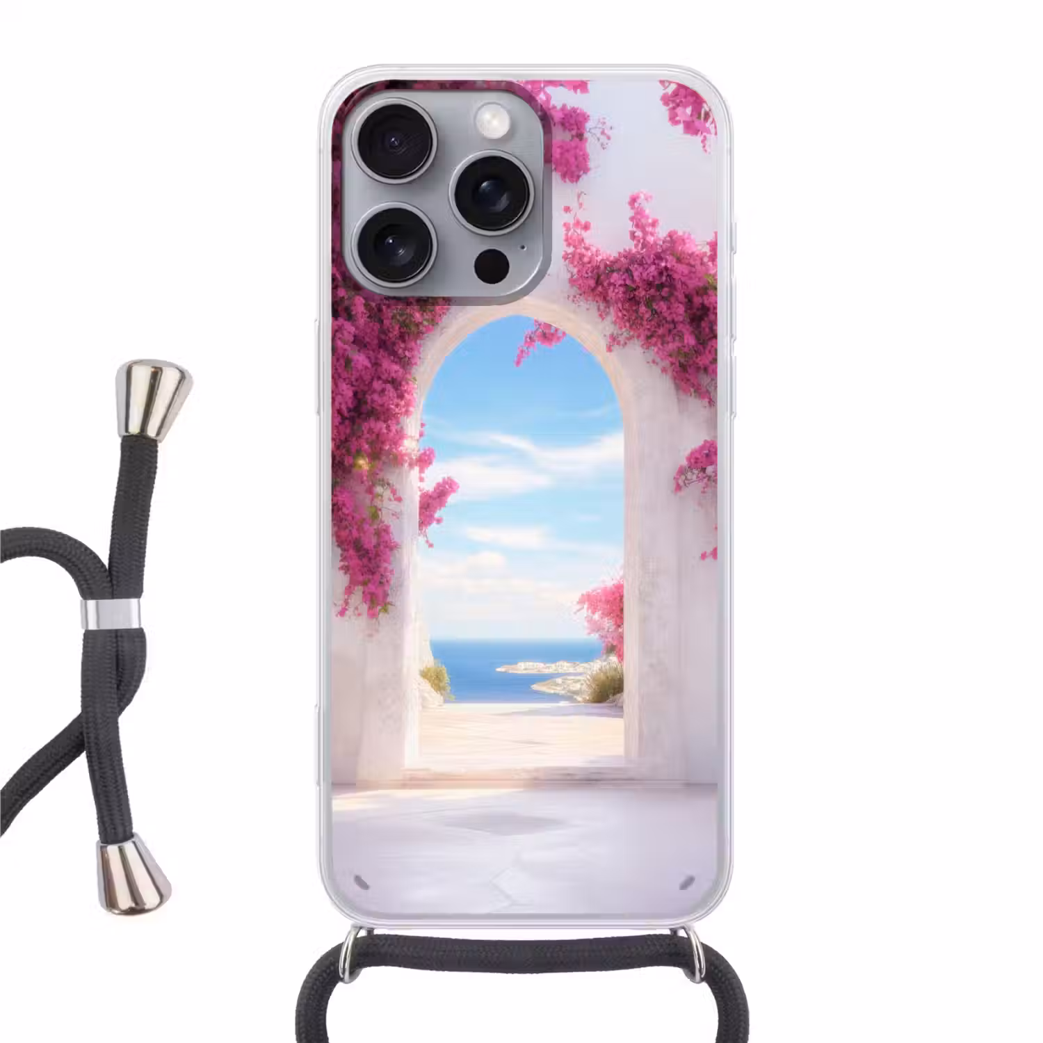 Zee - Roze - Bloemen - Poort Hoesje iPhone 16 Pro Max met koord klein -3d