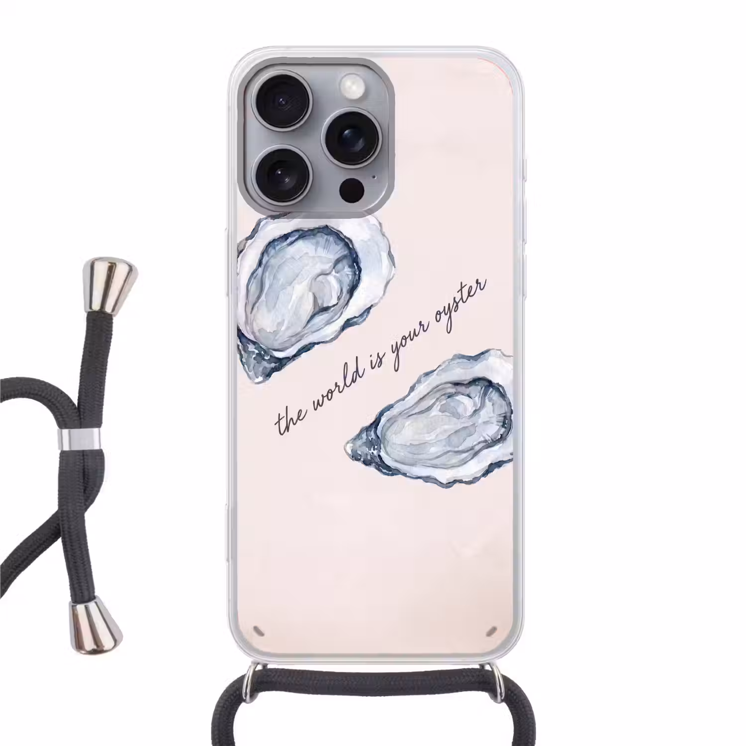 Zeeleven - Oester - Aquarel - Minimalistisch - Blauw Hoesje iPhone 16 Pro Max met koord klein -3d