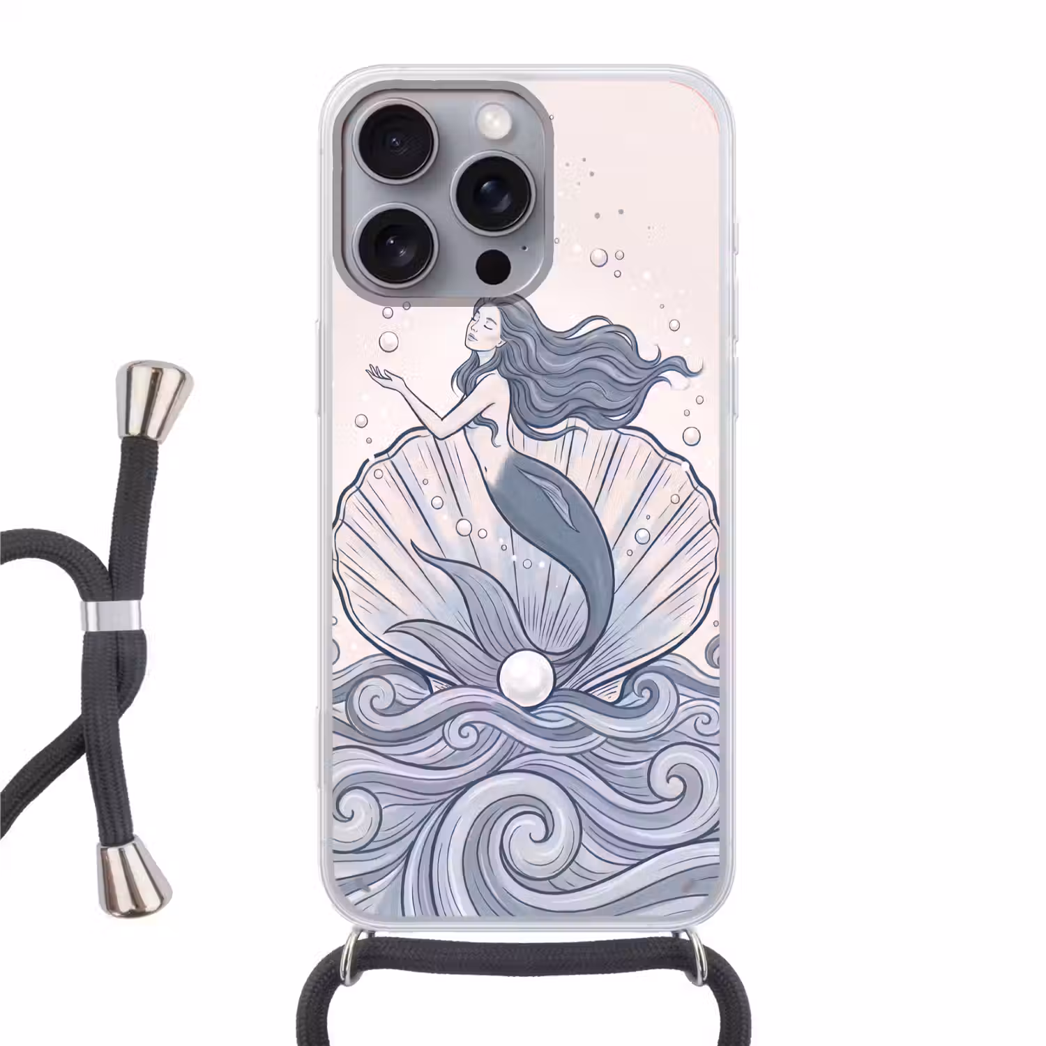Zeemeermin - Schelp - Zee - Fantasie - Blauw Hoesje iPhone 16 Pro Max met koord klein -3d