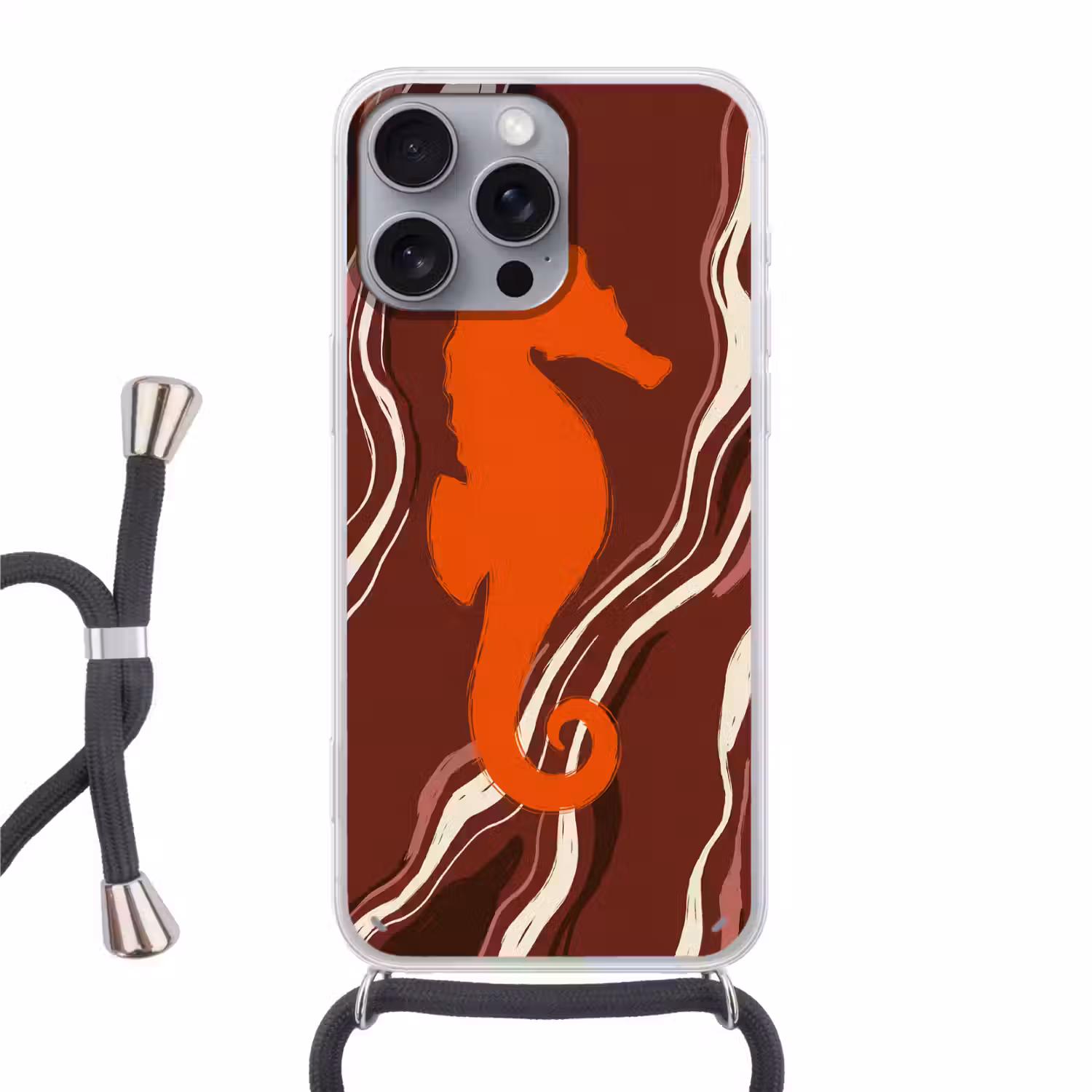 Zeepaardje - Golven - Zeeleven - Abstract - Oranje Hoesje iPhone 16 Pro Max met koord klein -3d