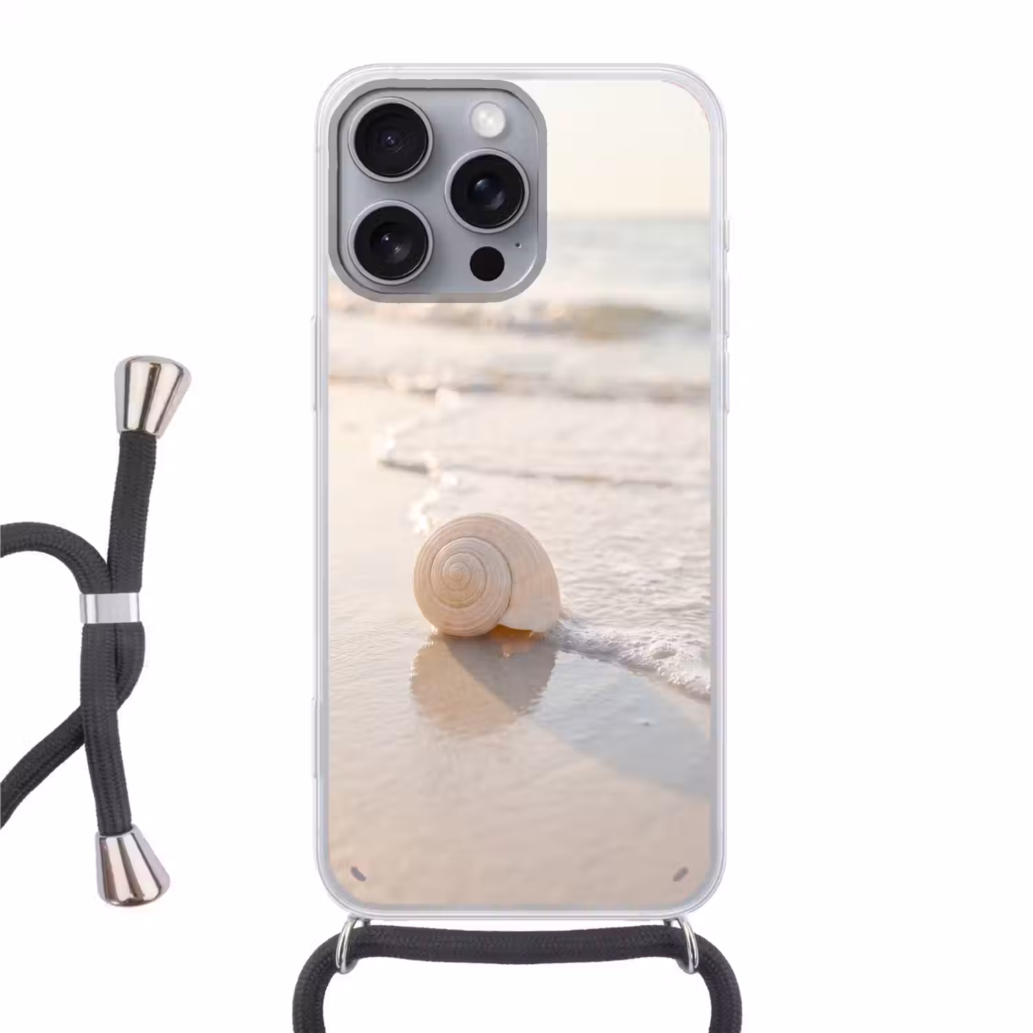 Zeeschelp - Strand - Zee - Natuur - Beige Hoesje iPhone 16 Pro Max met koord klein -3d