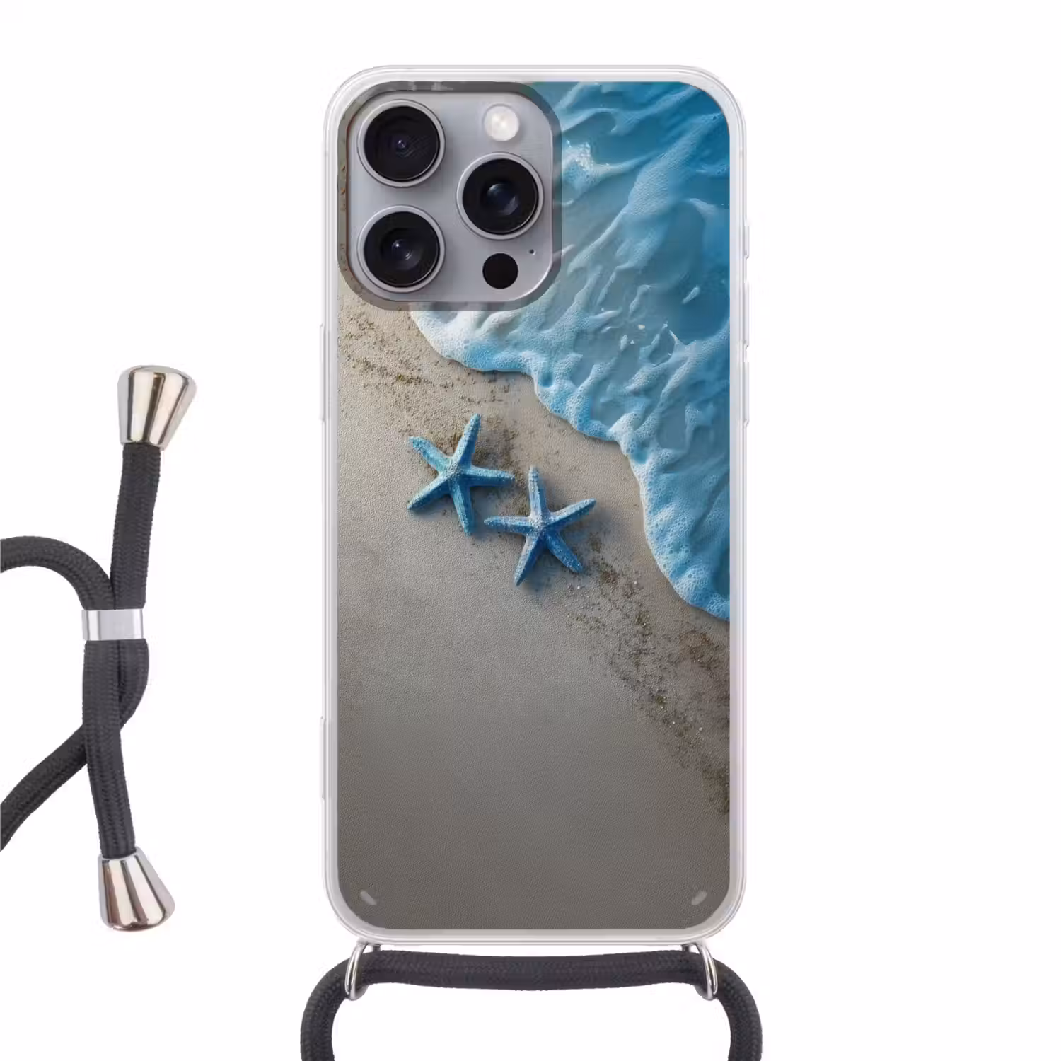 Zeesterren - Zand - Zee - Blauw Hoesje iPhone 16 Pro Max met koord klein -3d