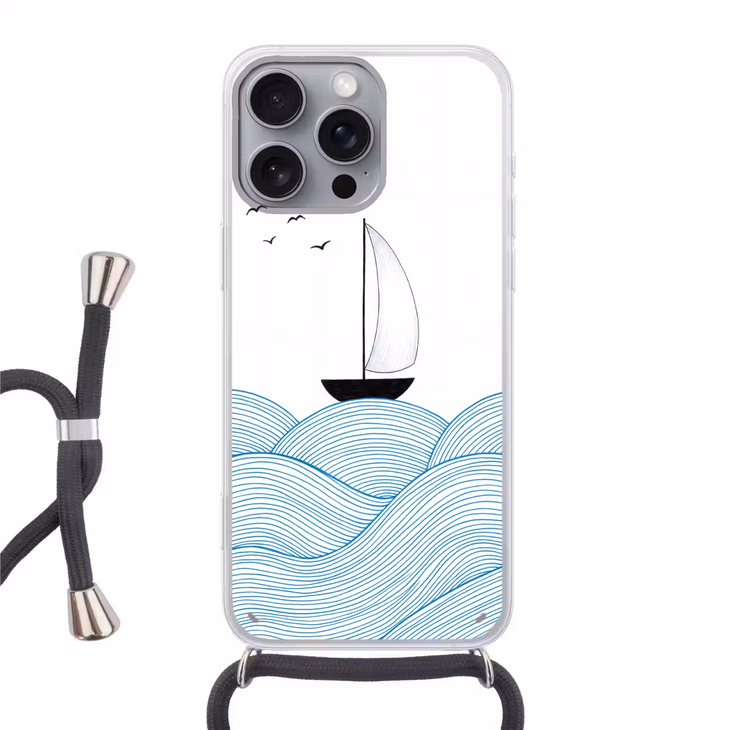 Zeilboot - Golven - Zee - Illustratie - Blauw Hoesje iPhone 16 Pro Max met koord klein -3d