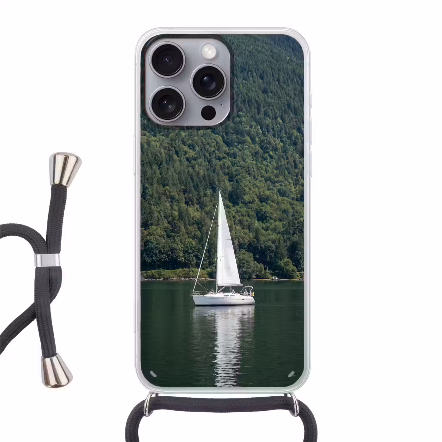 Zeilboot - Water - Bergen - Natuur - Groen Hoesje iPhone 16 Pro Max met koord klein -3d