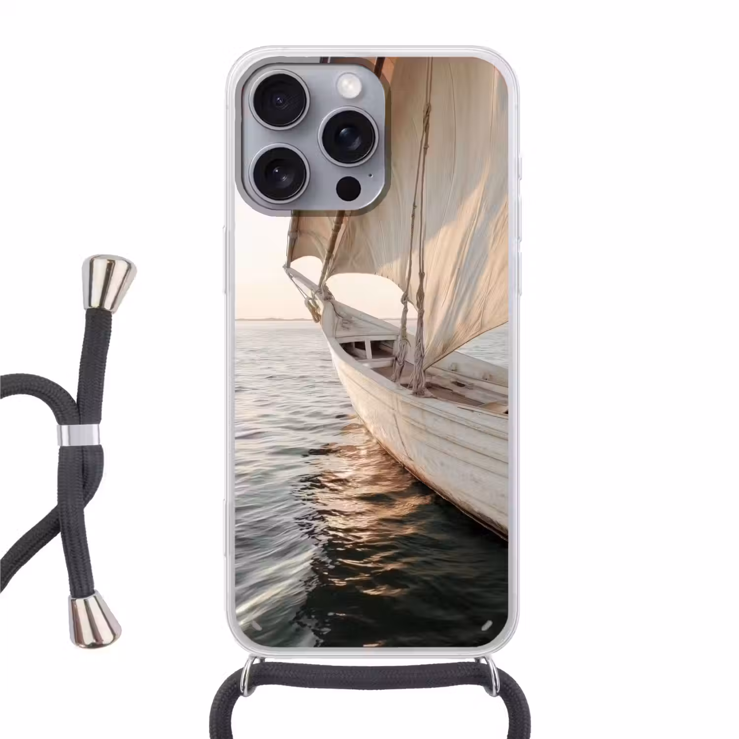 Zeilboot - Zee - Beige - Zon Hoesje iPhone 16 Pro Max met koord klein -3d