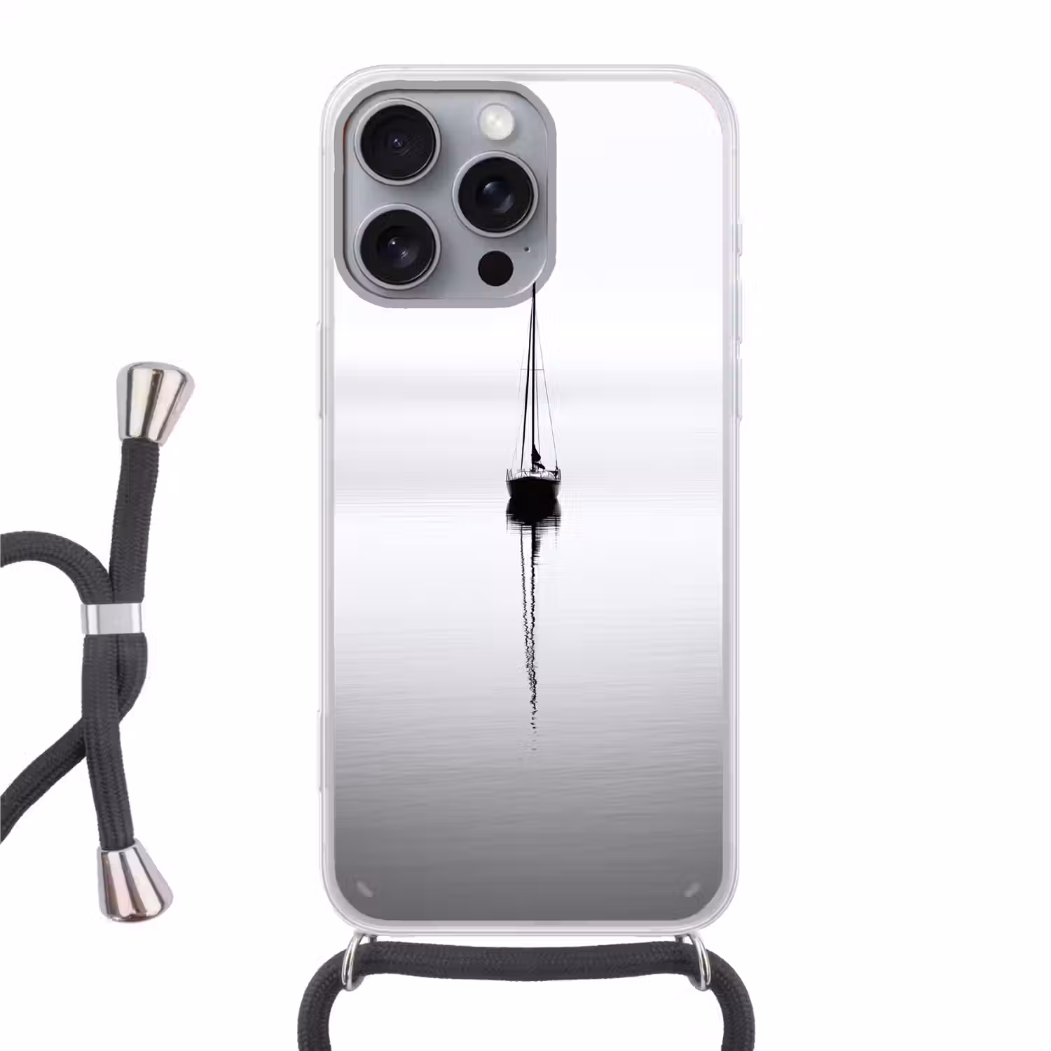 Zeilboot - Zwart - Water - Silhouet Hoesje iPhone 16 Pro Max met koord klein -3d