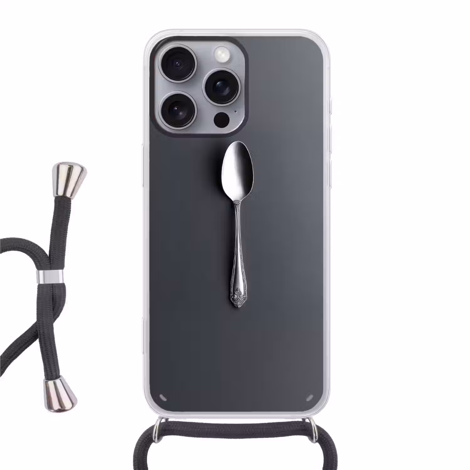 Zilver - Metaal - Lepel Hoesje iPhone 16 Pro Max met koord klein -3d