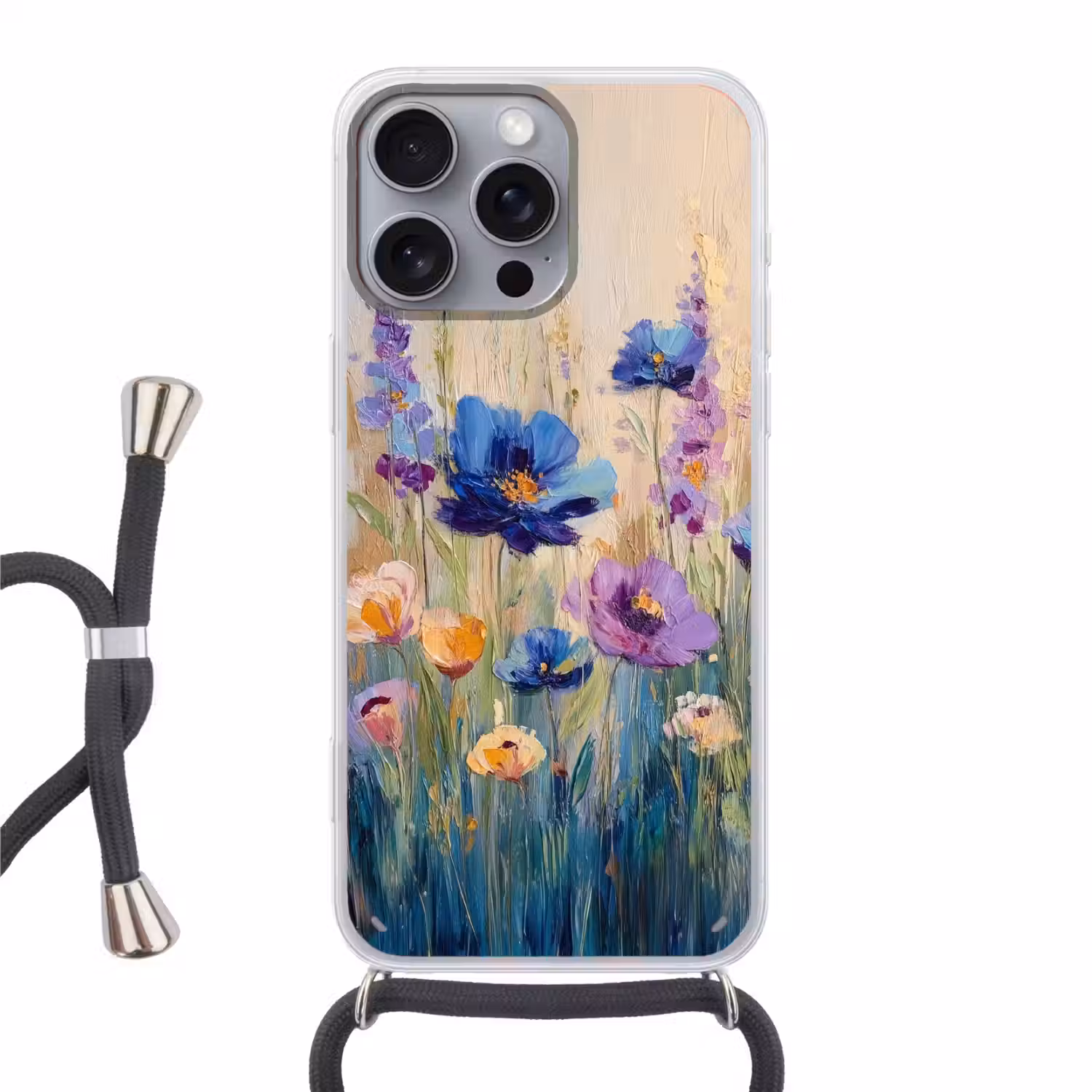 Zomers - Wilde bloemen - Penseelstreken Hoesje iPhone 16 Pro Max met koord klein -3d