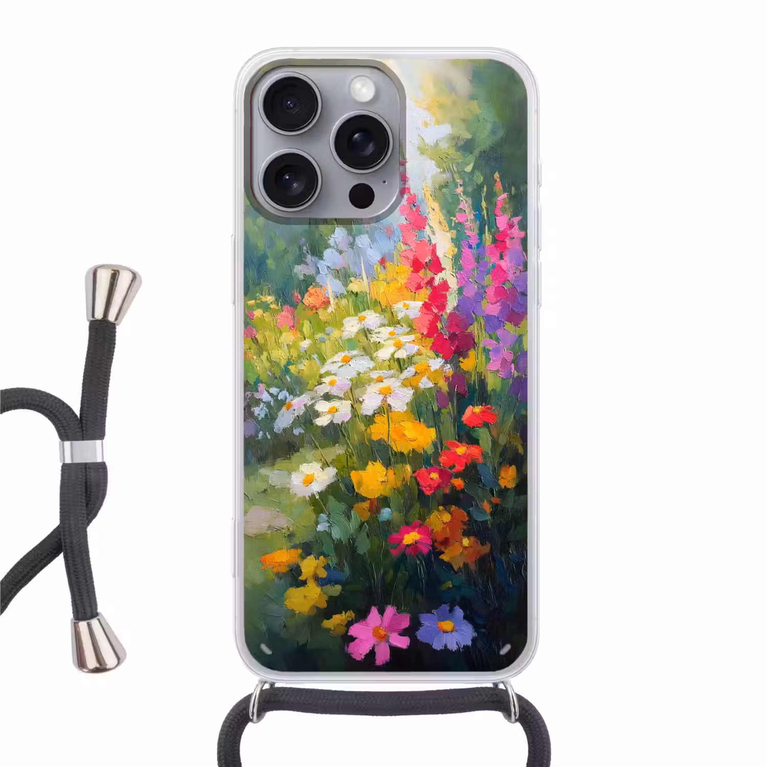 Zomertuin - Sfeervol - Bloemen Hoesje iPhone 16 Pro Max met koord klein -3d