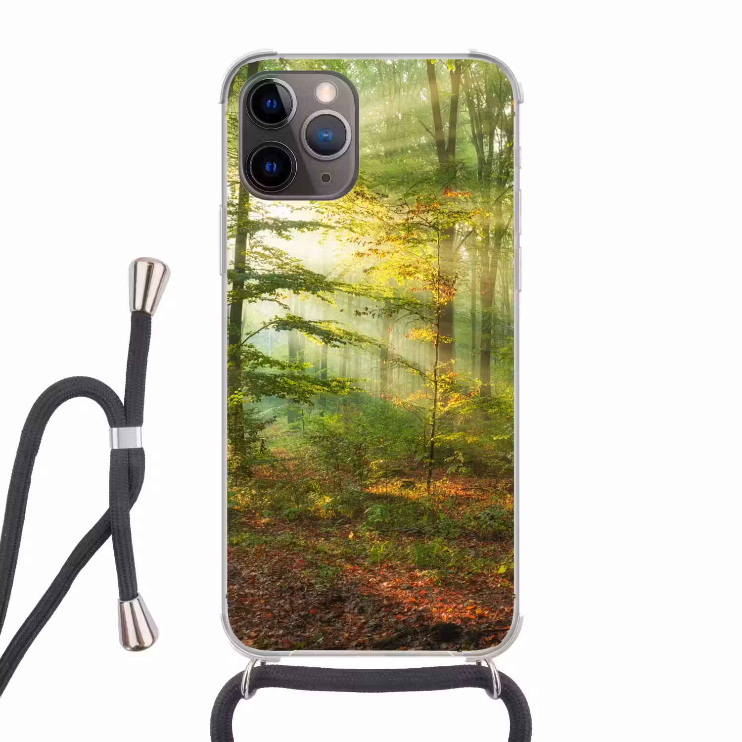 Zon - Bos - boom - Natuur - Herfst Hoesje iPhone 12 Pro met koord klein -3d