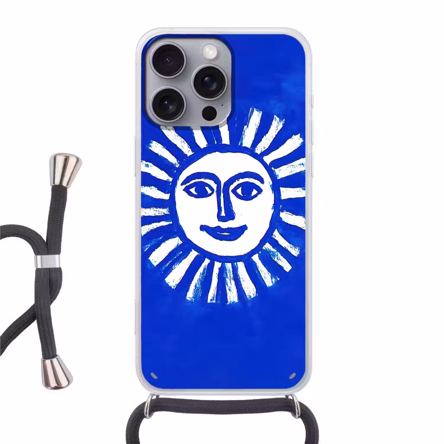 Zon - Gezicht - Penseelstructuur - Blauw Hoesje iPhone 16 Pro Max met koord klein -3d