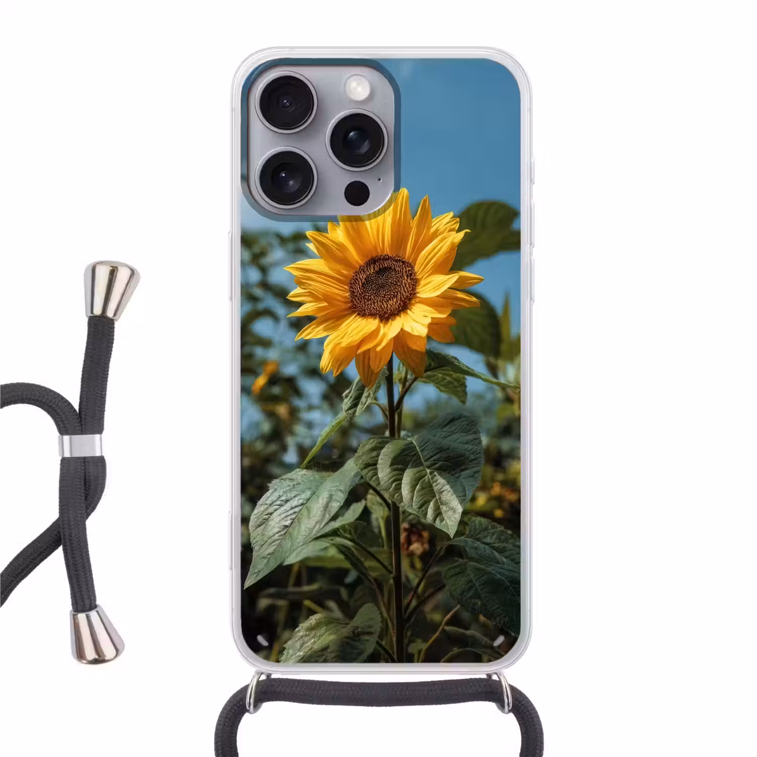 Zonnebloemen - Helderblauwer lucht - Gras Hoesje iPhone 16 Pro Max met koord klein -3d