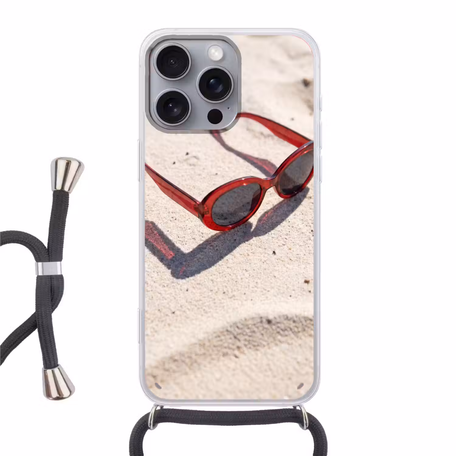 Zonnebril - Strand - Vakantie - Rood Hoesje iPhone 16 Pro Max met koord klein -3d
