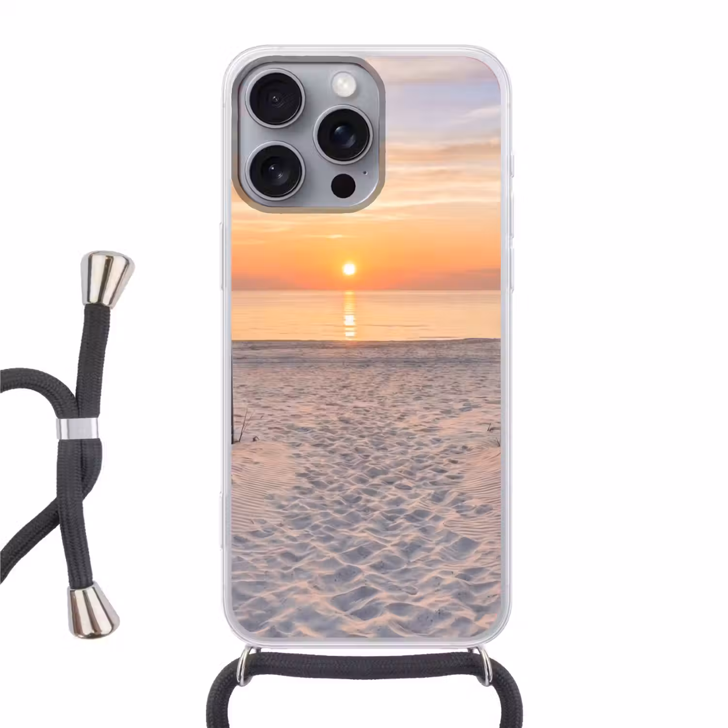 Zonsondergang - Strand - Zand Hoesje iPhone 16 Pro Max met koord klein -3d