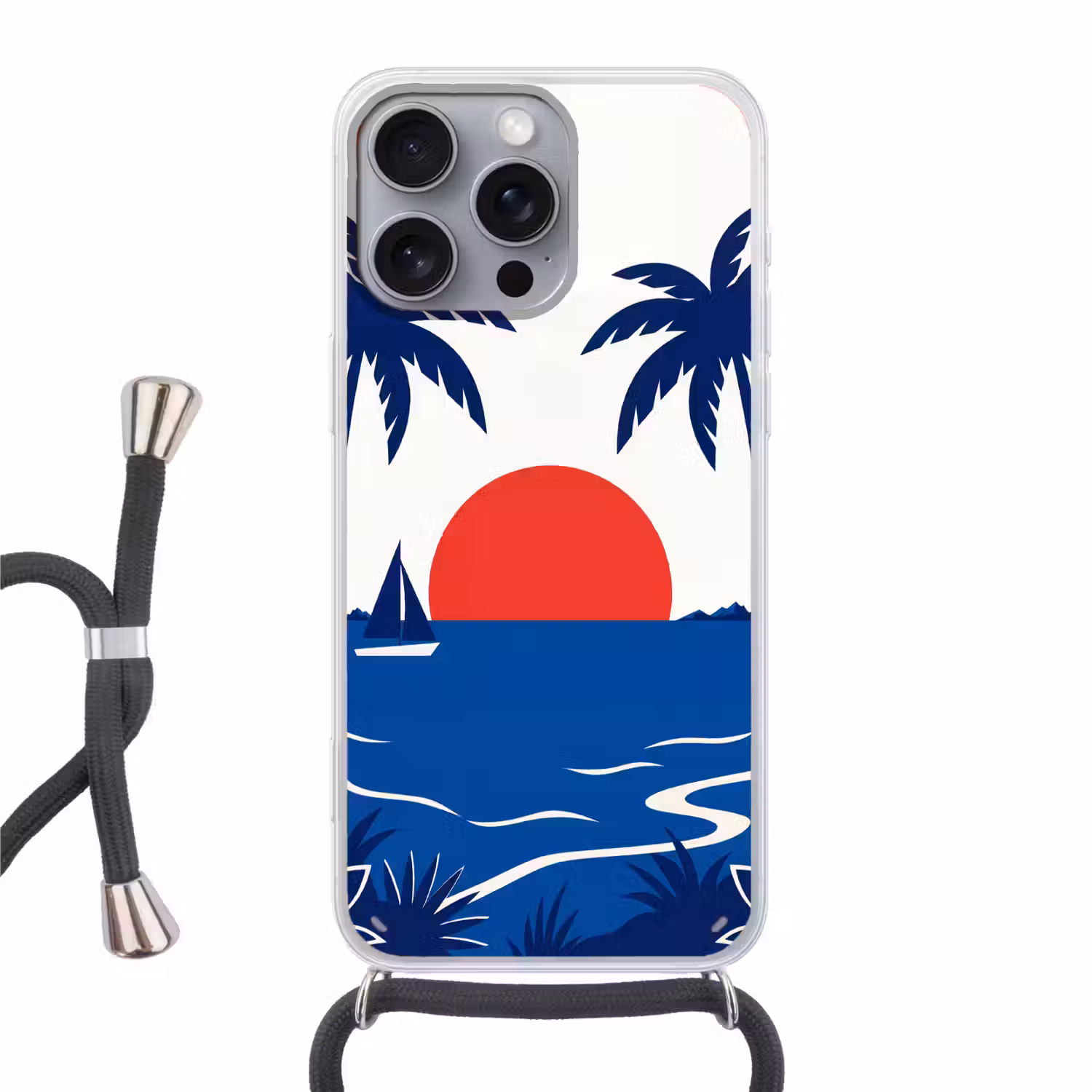 Zonsondergang - Zee - Palmboom - Tropisch - Modern Hoesje iPhone 16 Pro Max met koord klein -3d