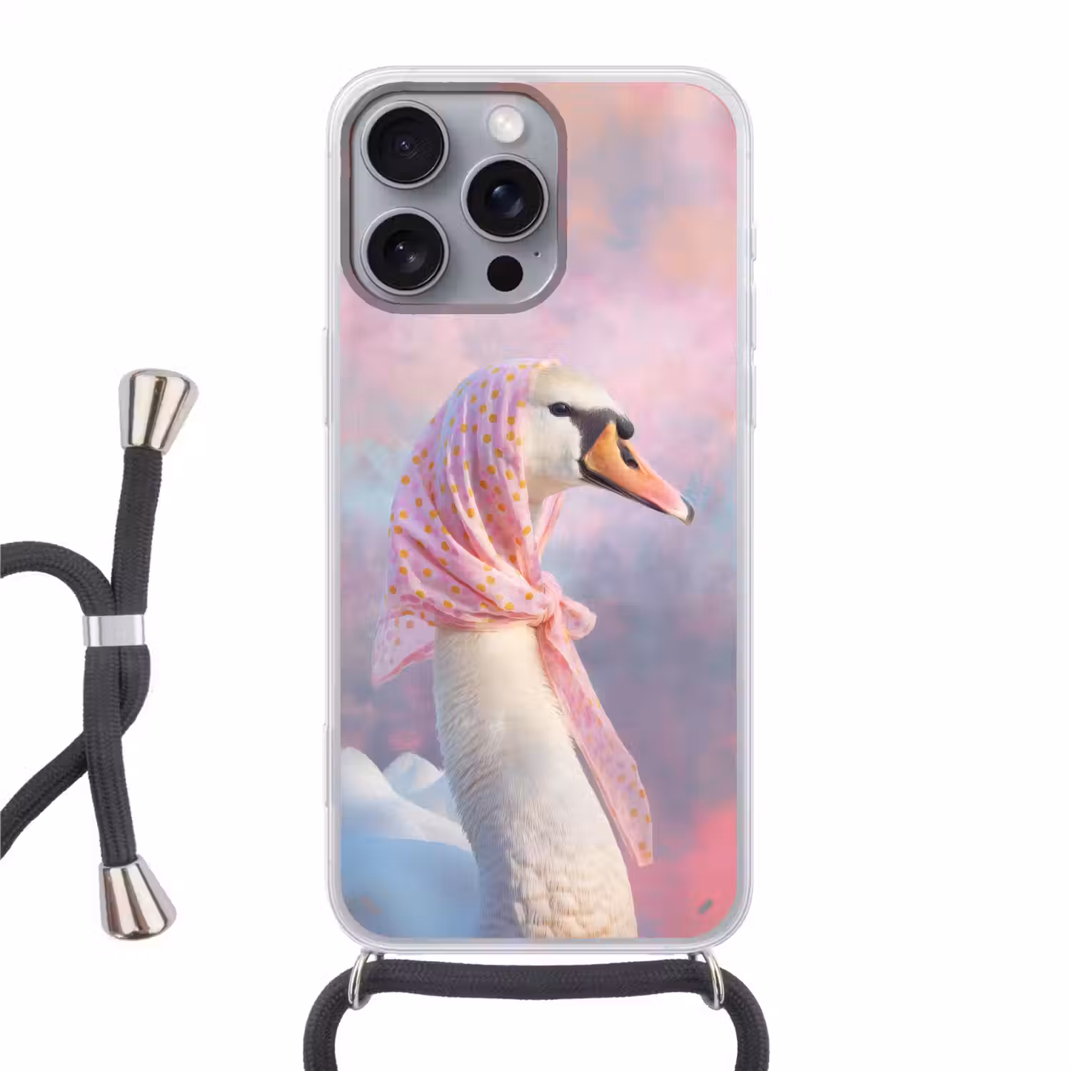 Zwaan - Sjaaltje - Pastelwolken Hoesje iPhone 16 Pro Max met koord klein -3d