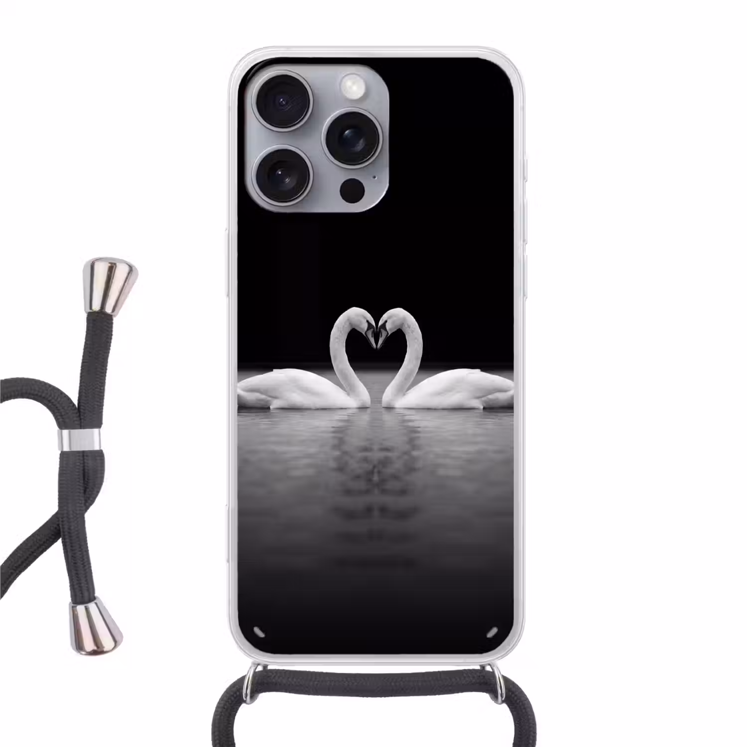 Zwanen - Hart - Zwart - Wit Hoesje iPhone 16 Pro Max met koord klein -3d