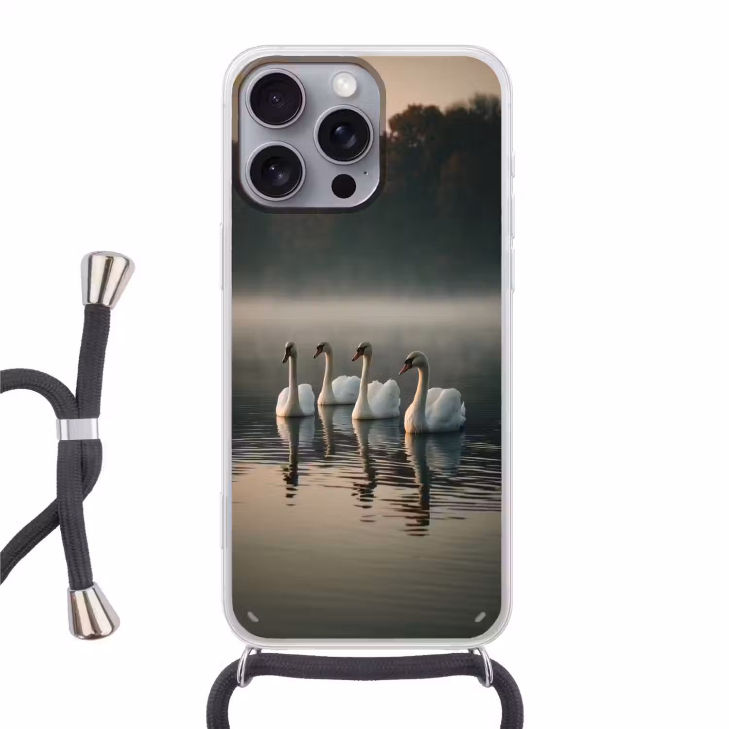 Zwanen - Wit - Water - Mist Hoesje iPhone 16 Pro Max met koord klein -3d