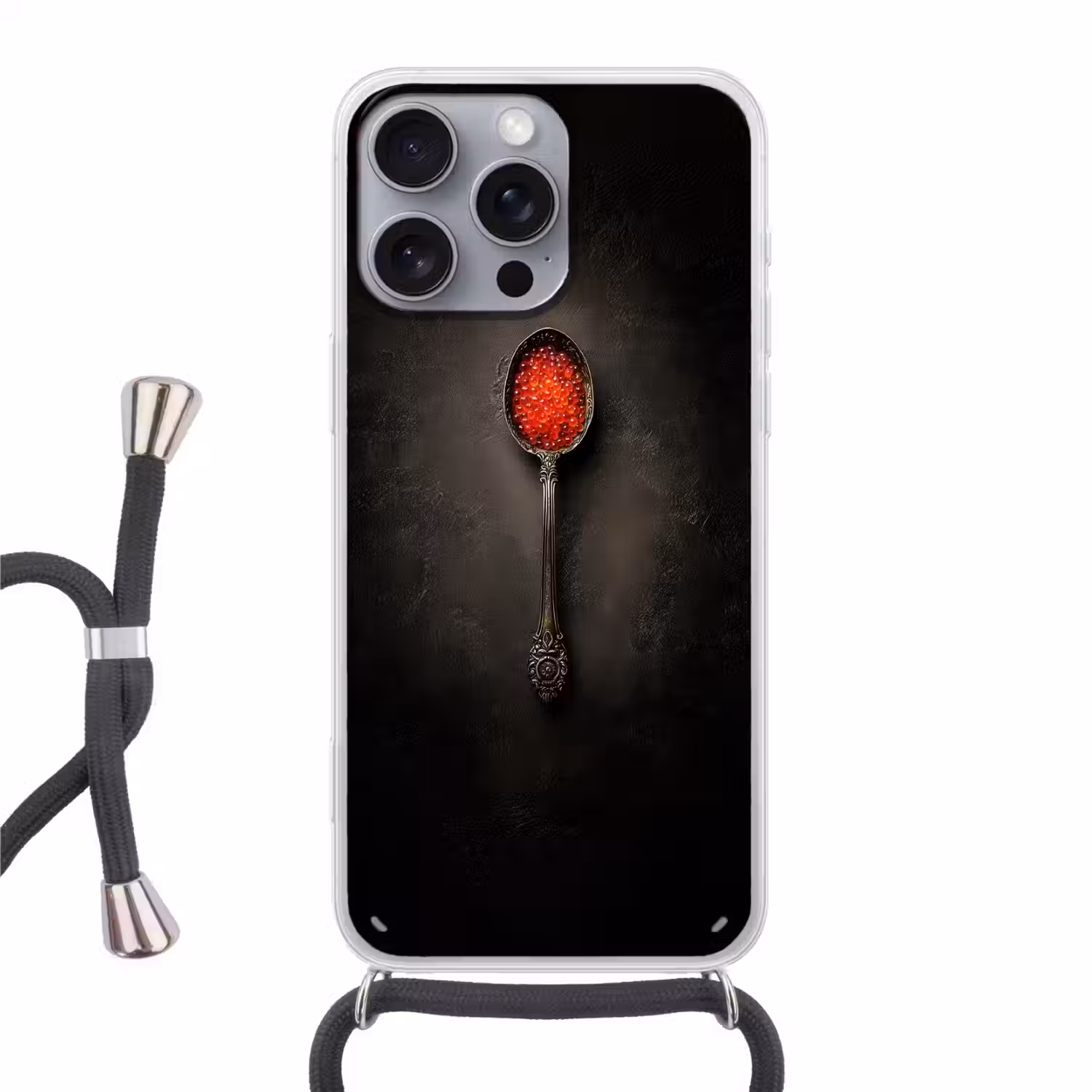 Zwart - Lepel - Caviar Hoesje iPhone 16 Pro Max met koord klein -3d