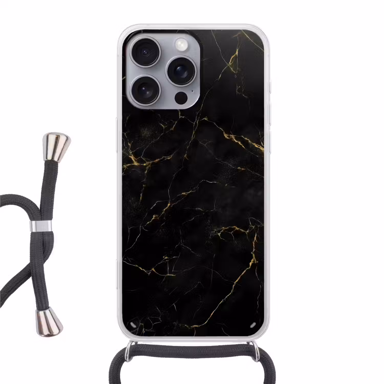 Zwart marmer - Gouden aders - Klassiek Hoesje iPhone 16 Pro Max met koord klein -3d