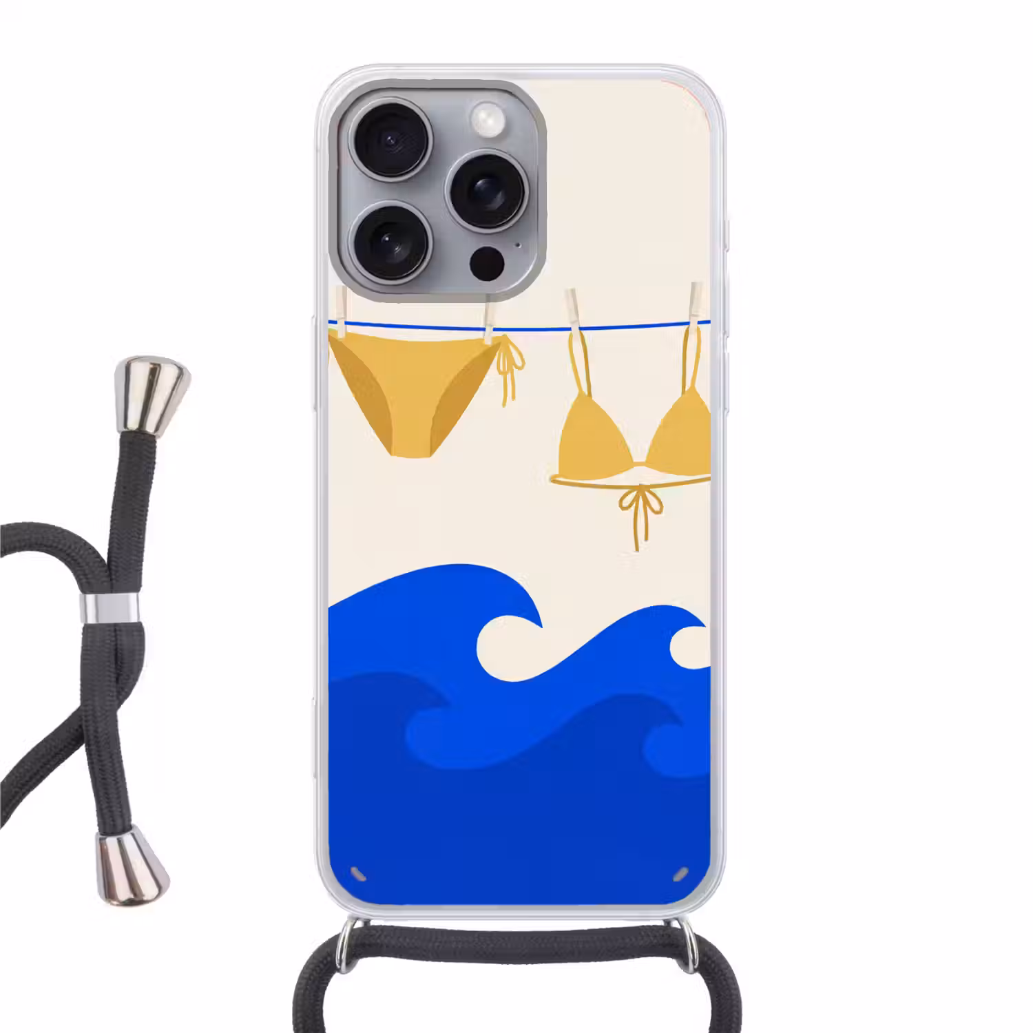 Zwemkleding - Zee - Zomer - Illustratie - Geel Hoesje iPhone 16 Pro Max met koord klein -3d