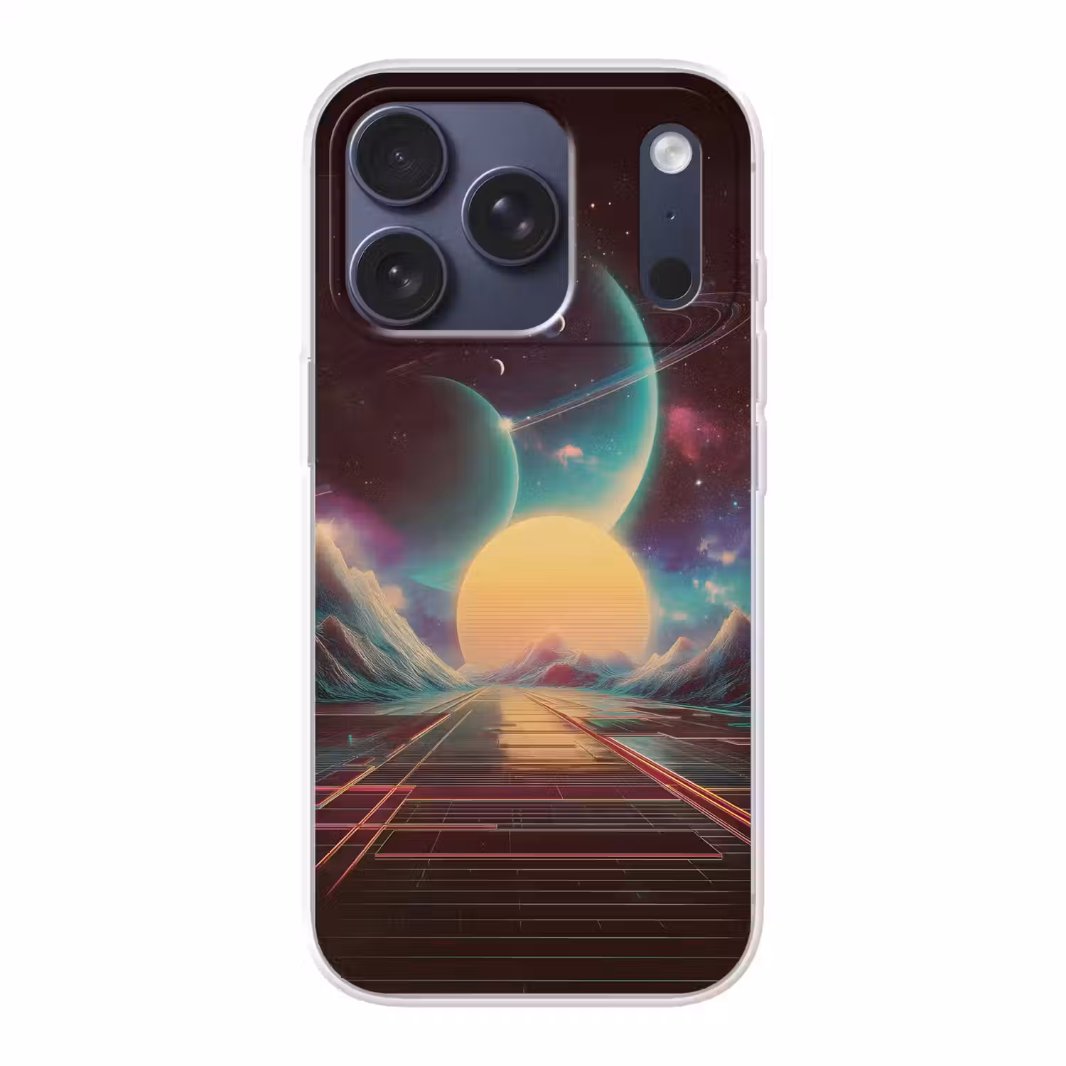Planeten - Neon - Berglandschap - Zon Telefoonhoesje iPhone 17 Pro klein -3d