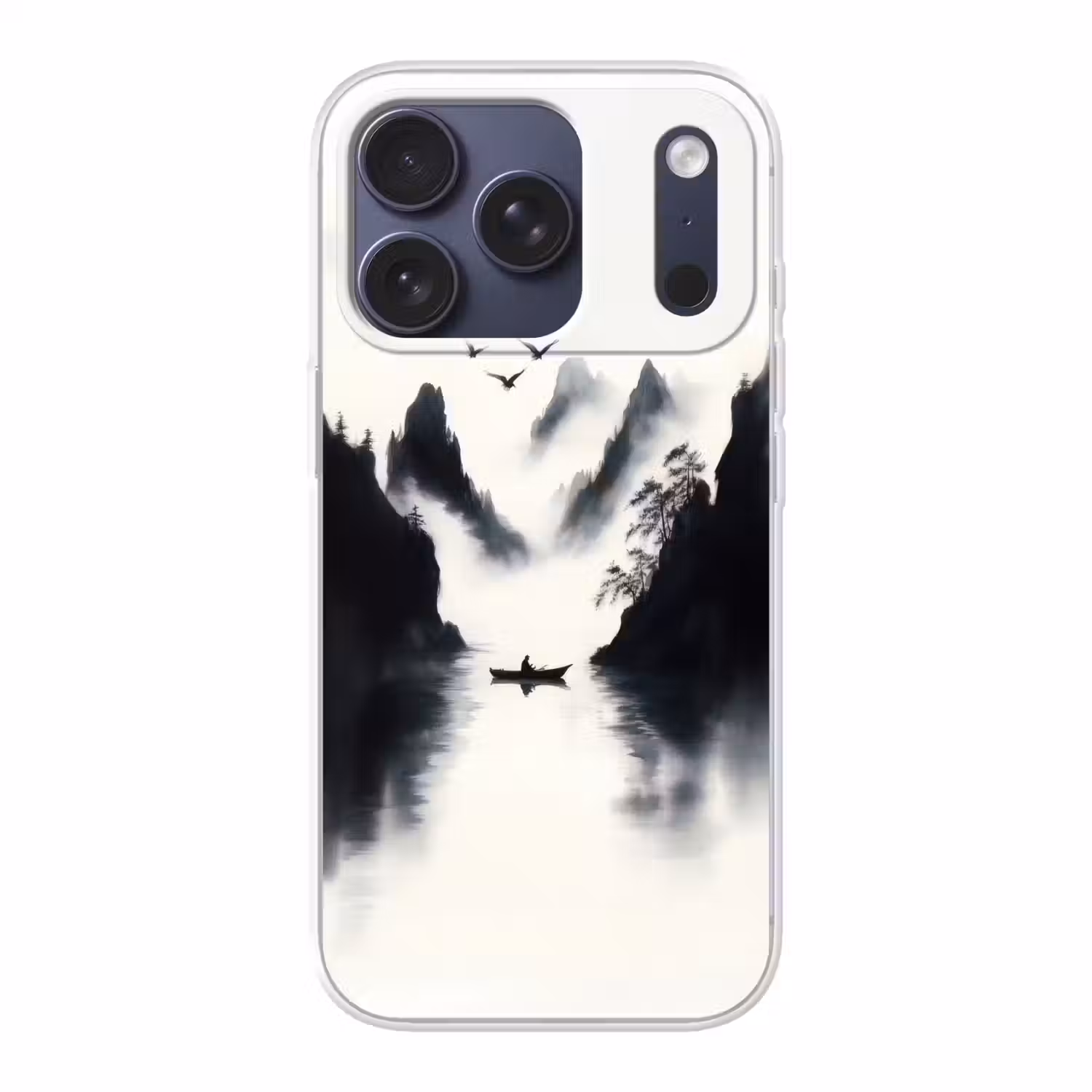 Roeiboot - Mistig - Bergen - Vogels Telefoonhoesje iPhone 17 Pro klein -3d