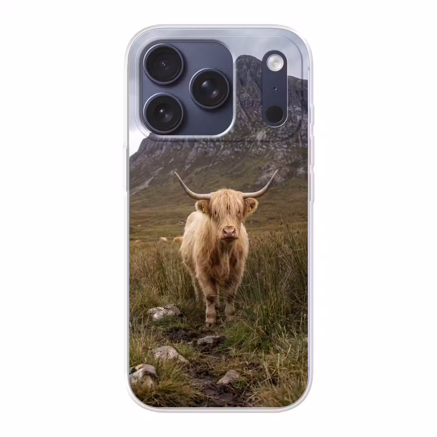 Schotse hooglander - Bergen - Grasveld Telefoonhoesje iPhone 17 Pro klein -3d