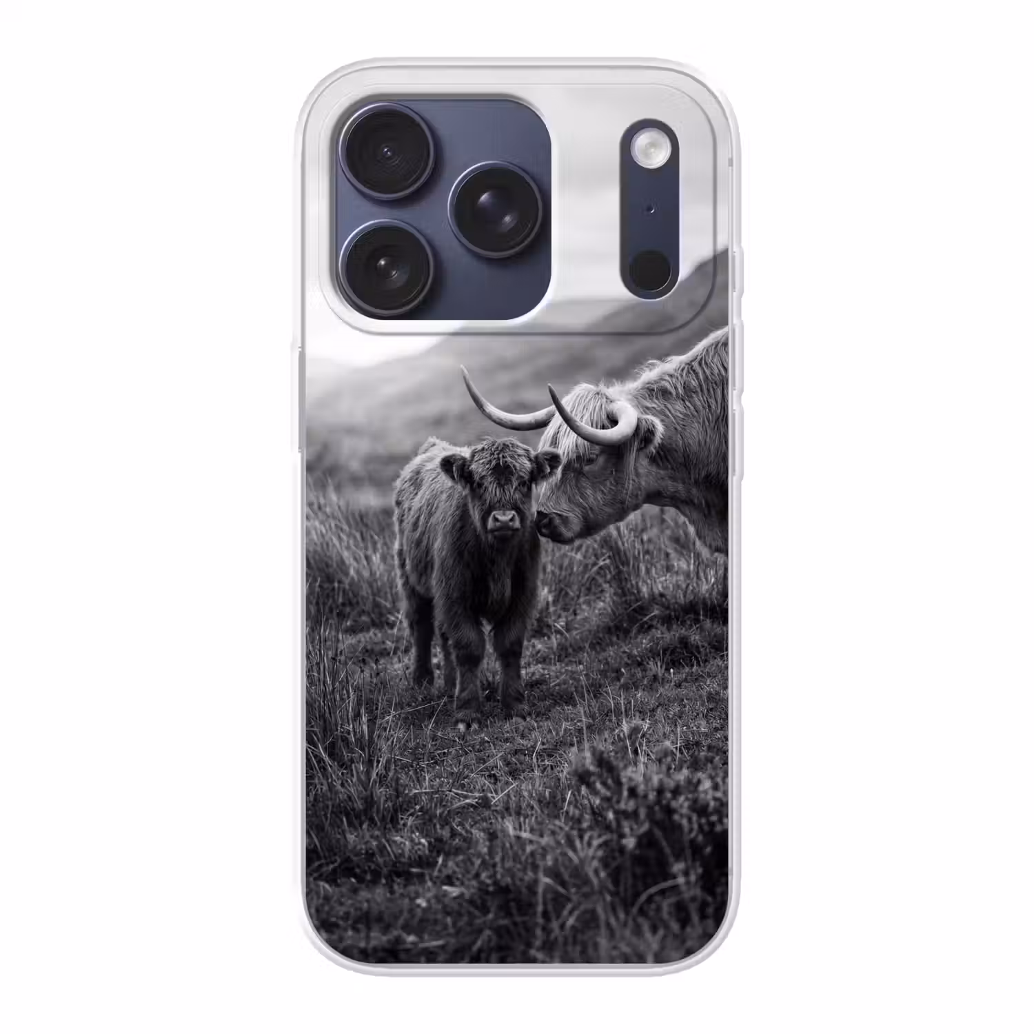 Schotse hooglander - Kalf - Zwart - Wit Telefoonhoesje iPhone 17 Pro klein -3d