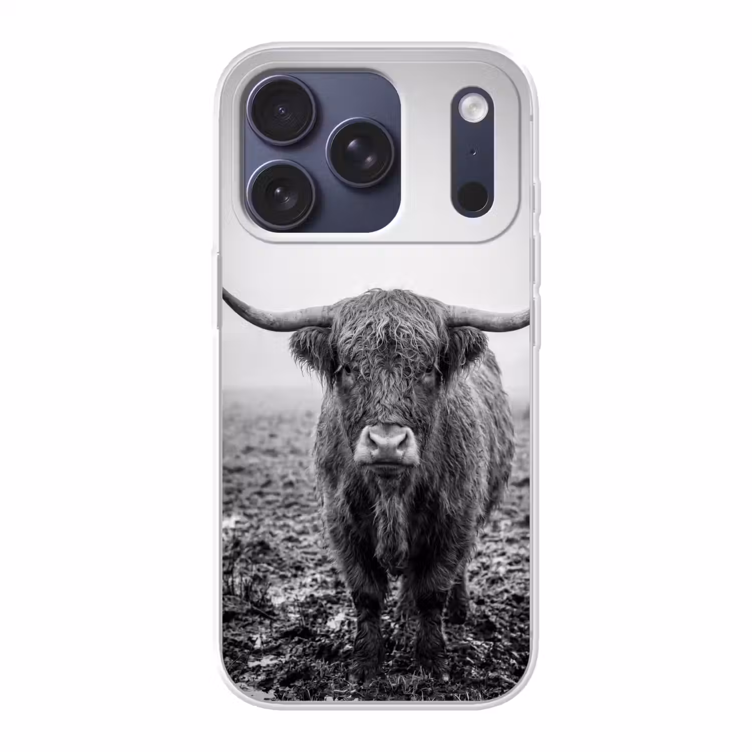 Schotse hooglander - Zwart - Wit - Gras Telefoonhoesje iPhone 17 Pro klein -3d