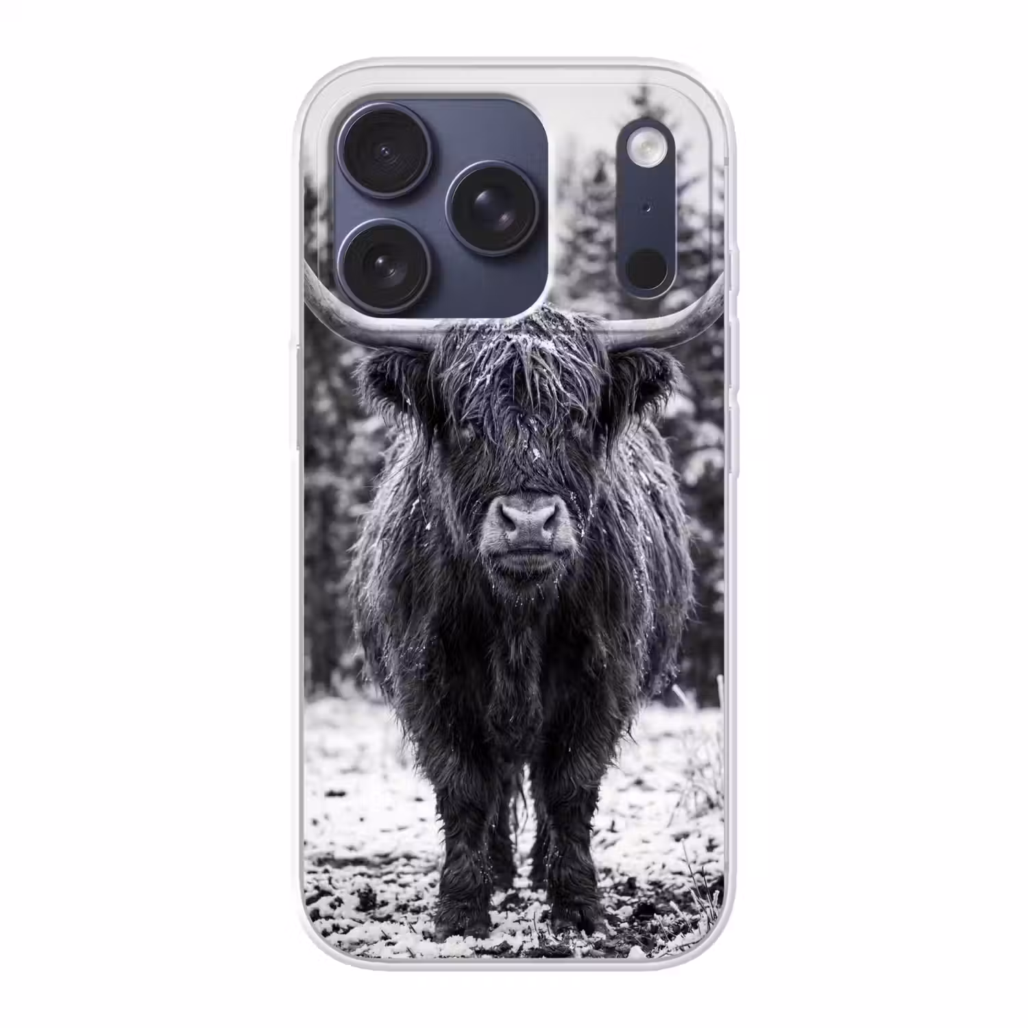 Schotse hooglander - Zwart - Wit - Sneeuwvlokken Telefoonhoesje iPhone 17 Pro klein -3d
